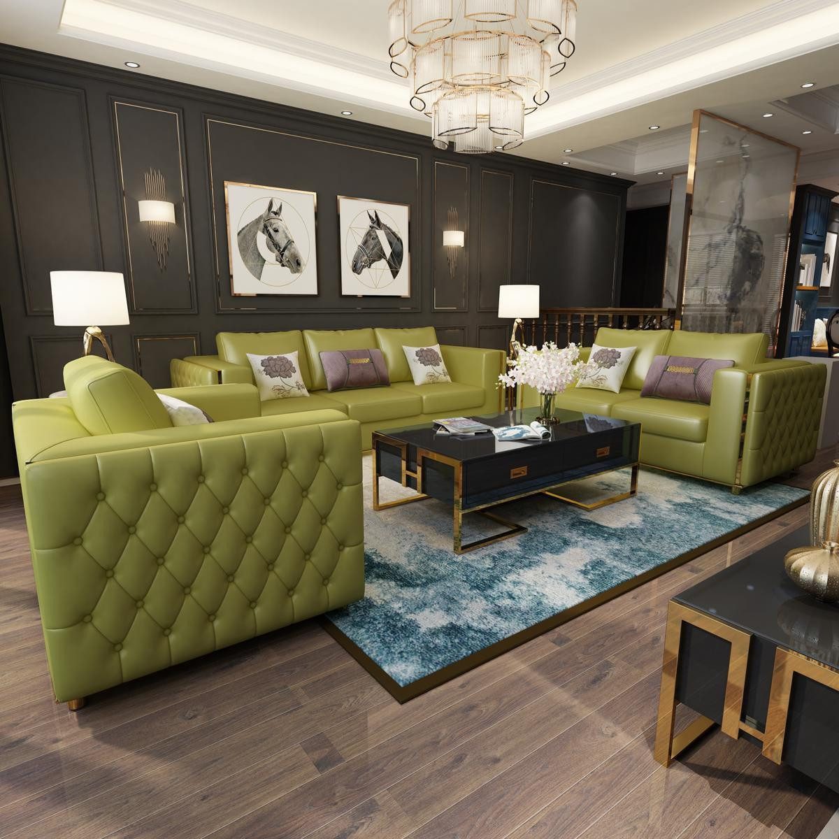 Xlmoebel Chesterfield-Sofa Wohnzimmer-Sitzgruppe mit 3-Sitzer, 2-Sitzer und Einzelsessel, Hergestellt in Europa