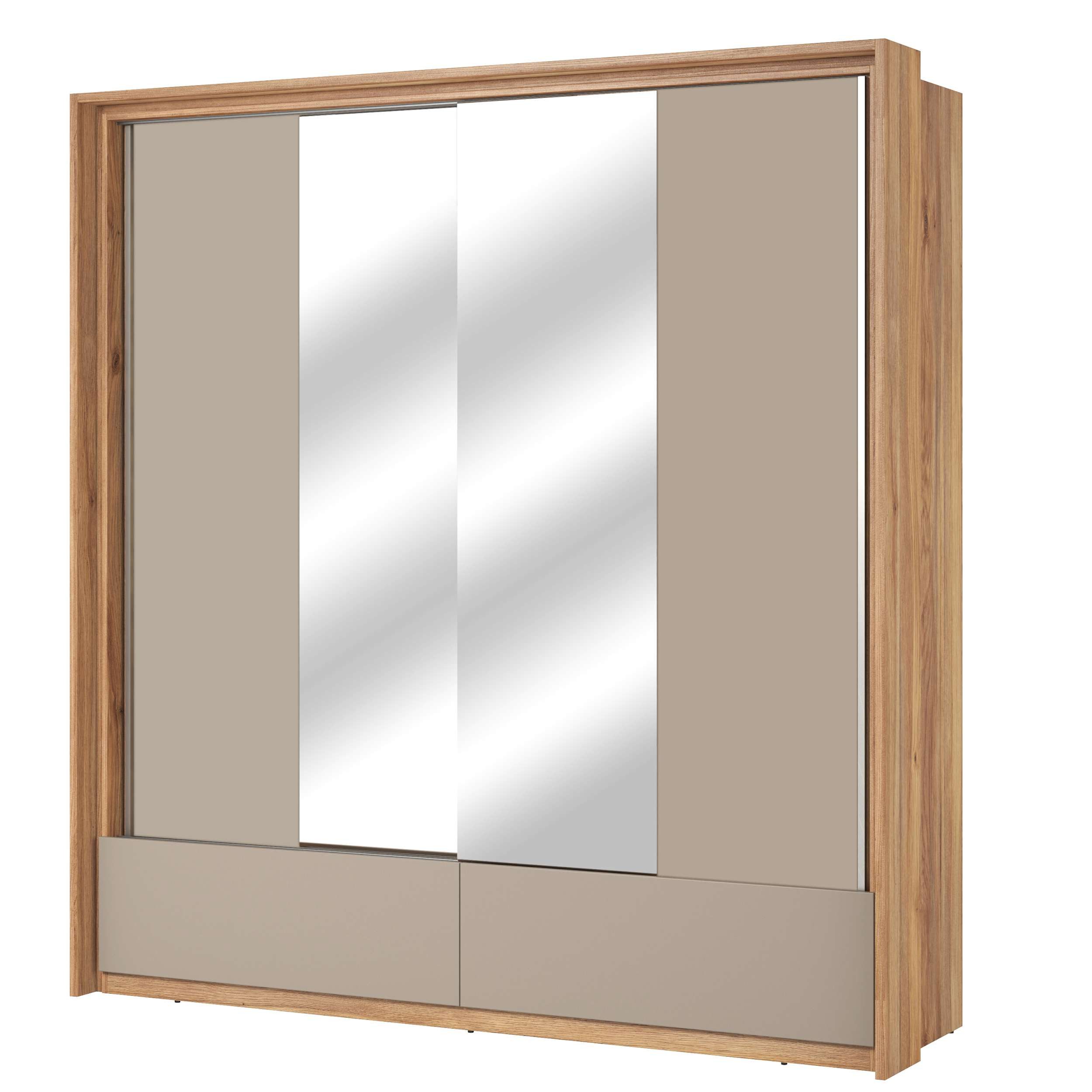 99rooms Schwebetürenschrank Pressi (Kleiderschrank, Schrank) mit 2 Schubladen, 5 Fächer, 4 Einlegeböden, Kleiderstange