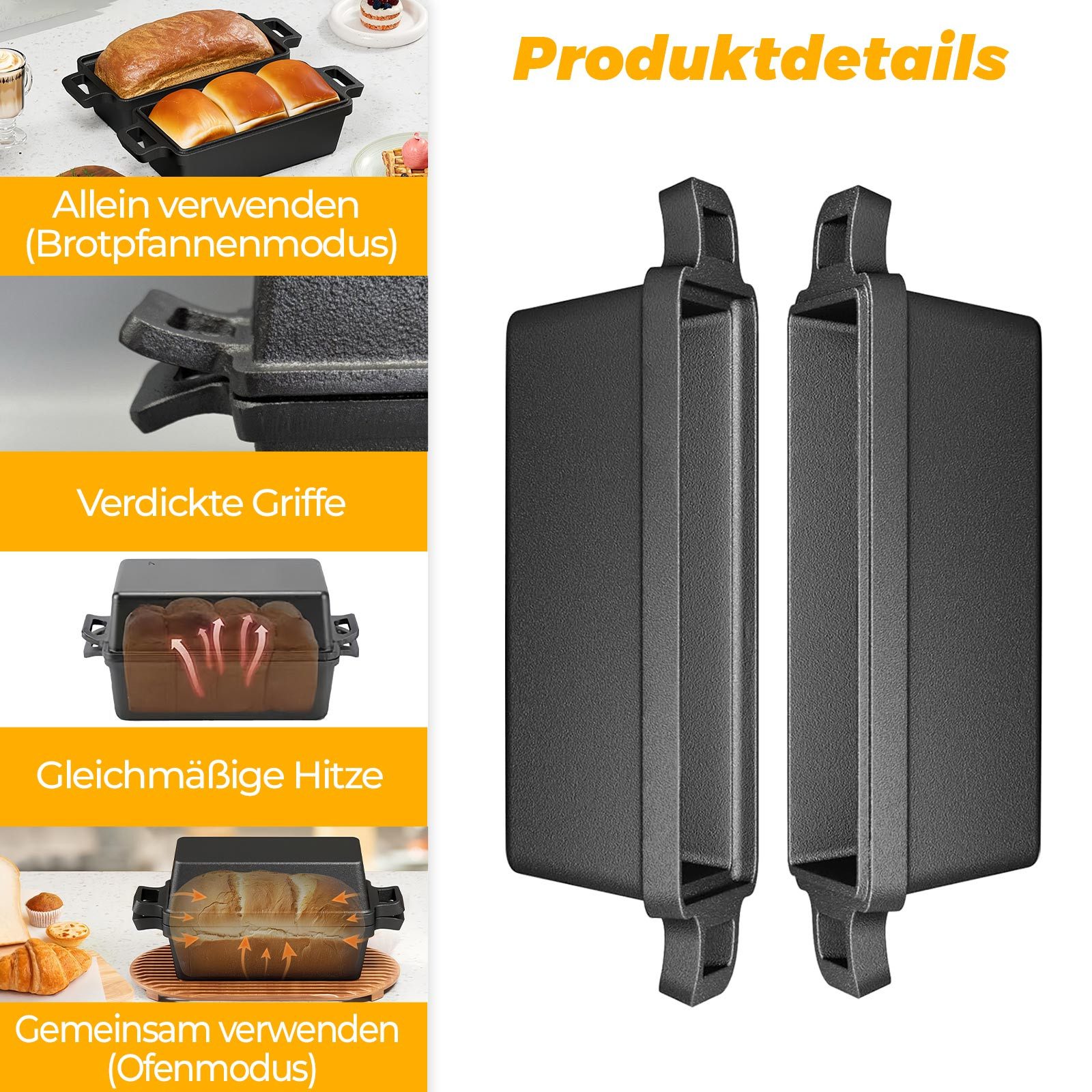 GLIESE Brotbackform Brotbackform 23cm Gusseisen Topf Brot Backen, (Set), Kann als zwei Formen oder zusammengefügt genutzt werden.