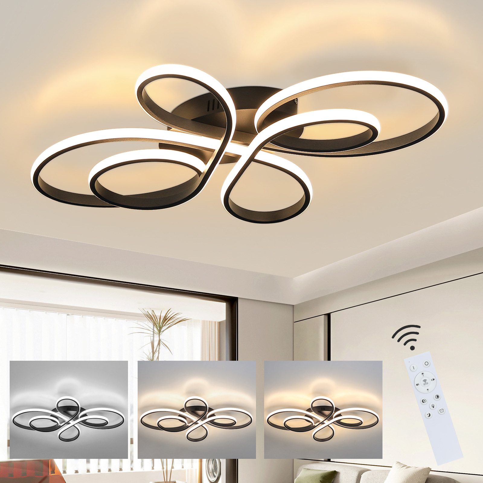 Nettlife LED Deckenleuchte Schwarz Dimmbar Wohnzimmer 65W Modern 40/66/80/100CM, Dimmbar mit Fernbedienung, LED fest integriert, kaltweißem, warmweißem, Schlafzimmer, Wohnzimmer, Büro, Arbeitszimmer, Küche