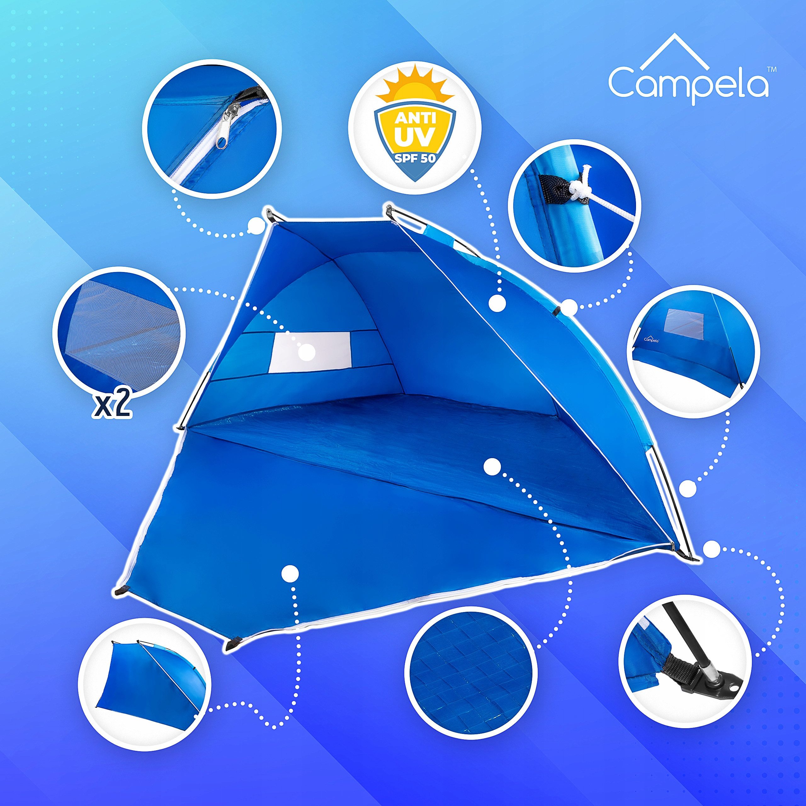 Campela Strandmuschel Strandzelt 2in1 Windschutz – UV-Schutz UPF50+ – leicht & stabil