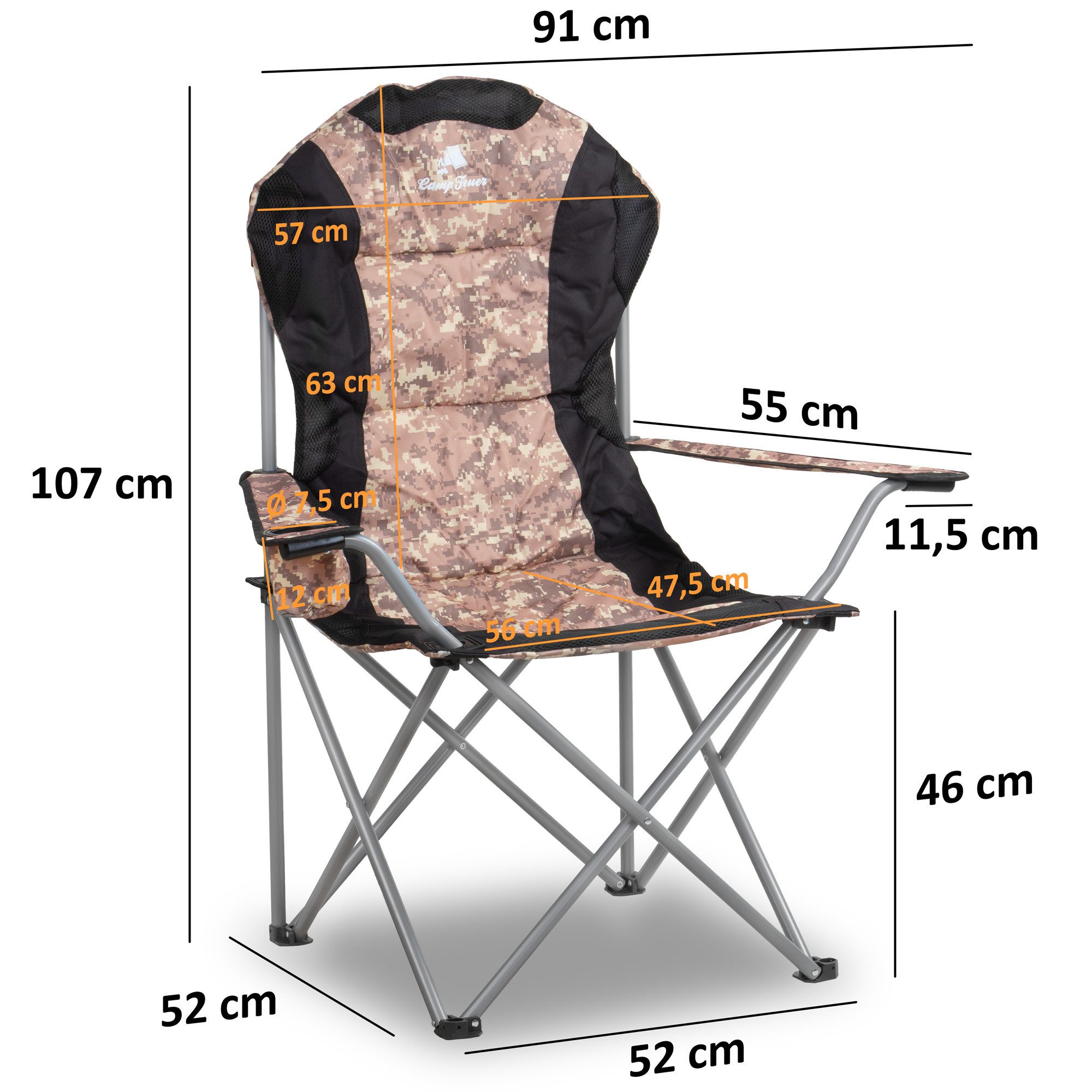 CampFeuer Faltstuhl Campingstuhl Faltbar, Camouflage, Anglerstuhl mit Getränkehalter, Inklusive Getränkehalter und Tragetasche