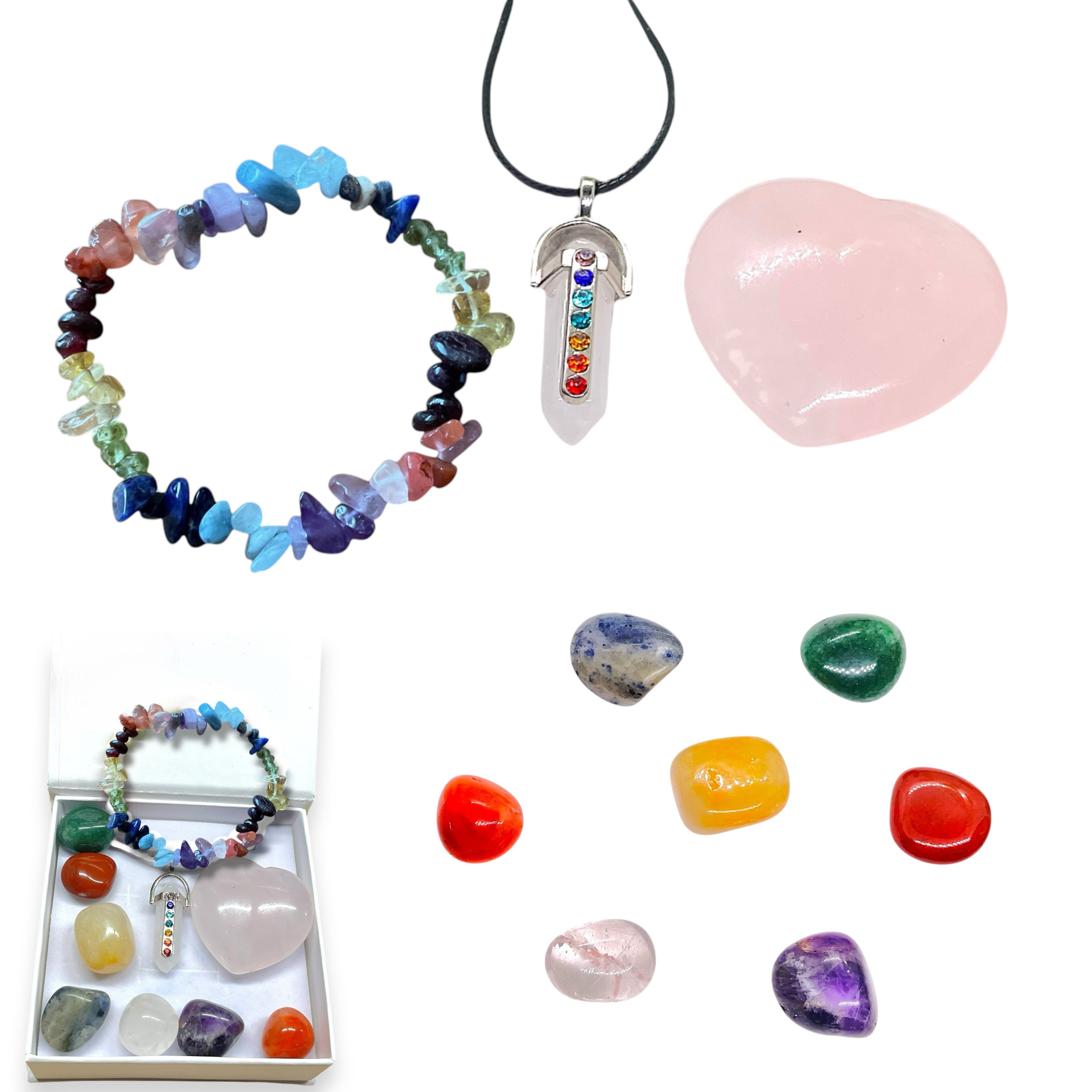 Steinfixx® Edelstein Chakra Set Selbstheilung mit Splitterarmband, (Spar Set, 11-St., incl. 15 seitiges E-Book mit Anleitung inkludiert), 7 Chakra Steine, Anhänger, Splitterarmband und Herz in Geschenkbox