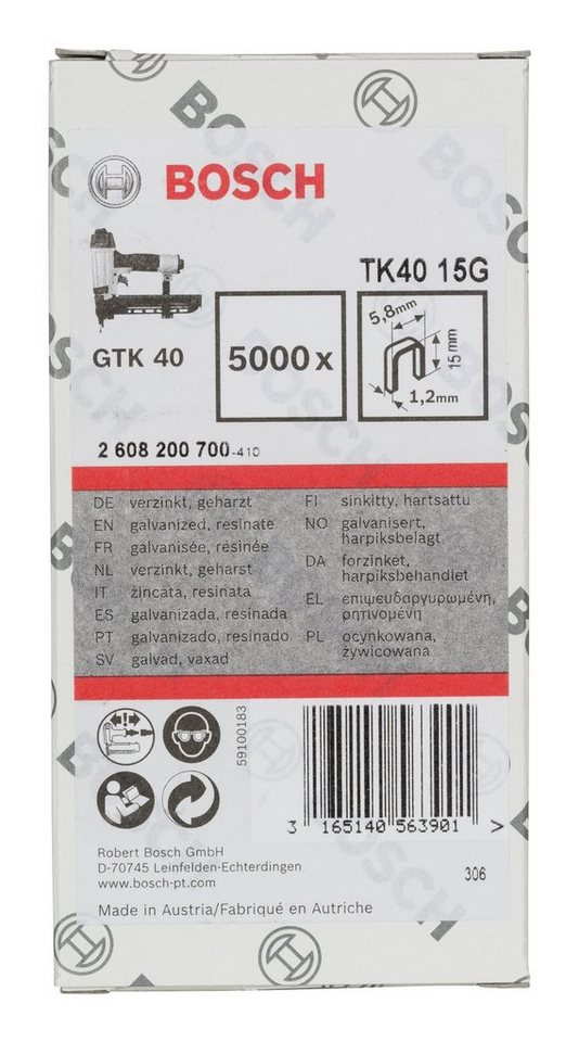 Thumbnail - BOSCH Tackerklammer, TK40 15G Schmalrückenklammer verzinkt - 1,2 x 15 x 5,8 mm - 5000er