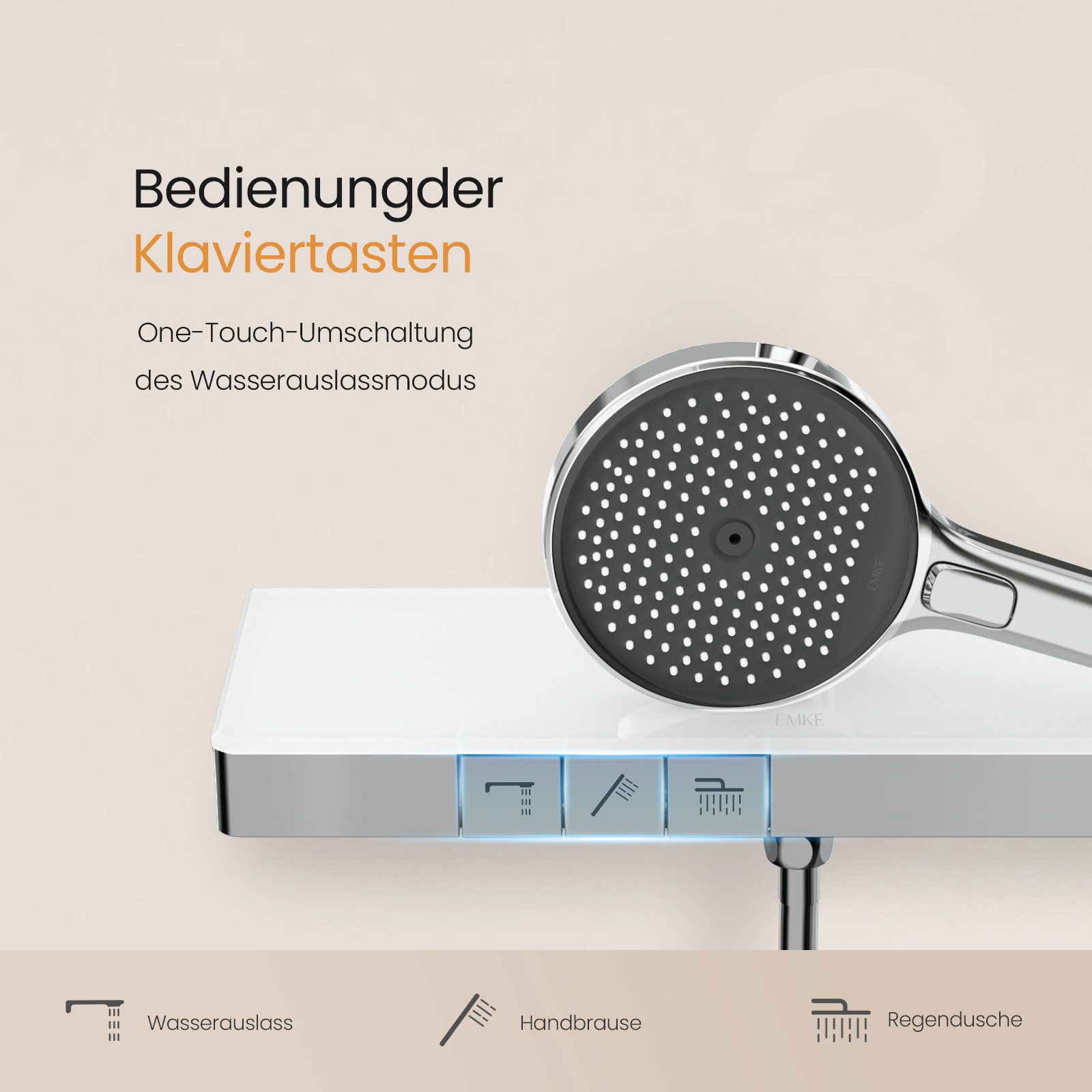 EMKE Duschsystem Thermostat Duschset mit Thermostatische Platt und Kopfbrause, Höhe 83 cm, 3 Strahlart(en), Brausestange, Handbrause, 32cm Runde Regenduschset,mit 1.5 m Schlauch