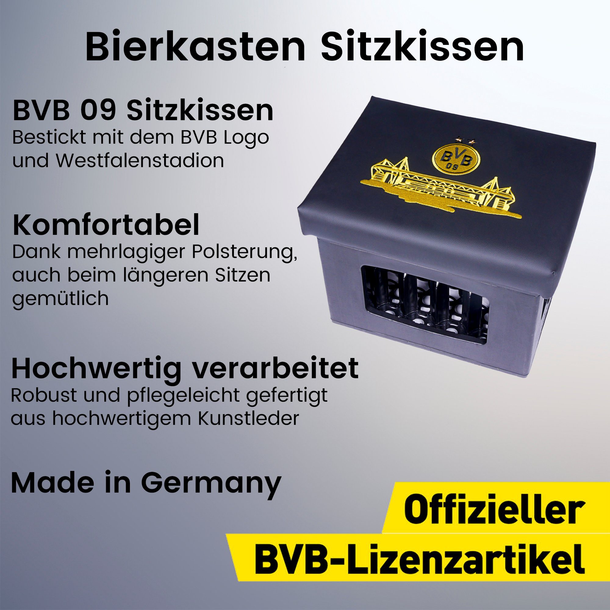 Borussia Dortmund Sitzkissen für Bierkisten, BVB 09 Bierkasten Sitz,  Sitzauflage, Kunstleder mit dicker Polsterung