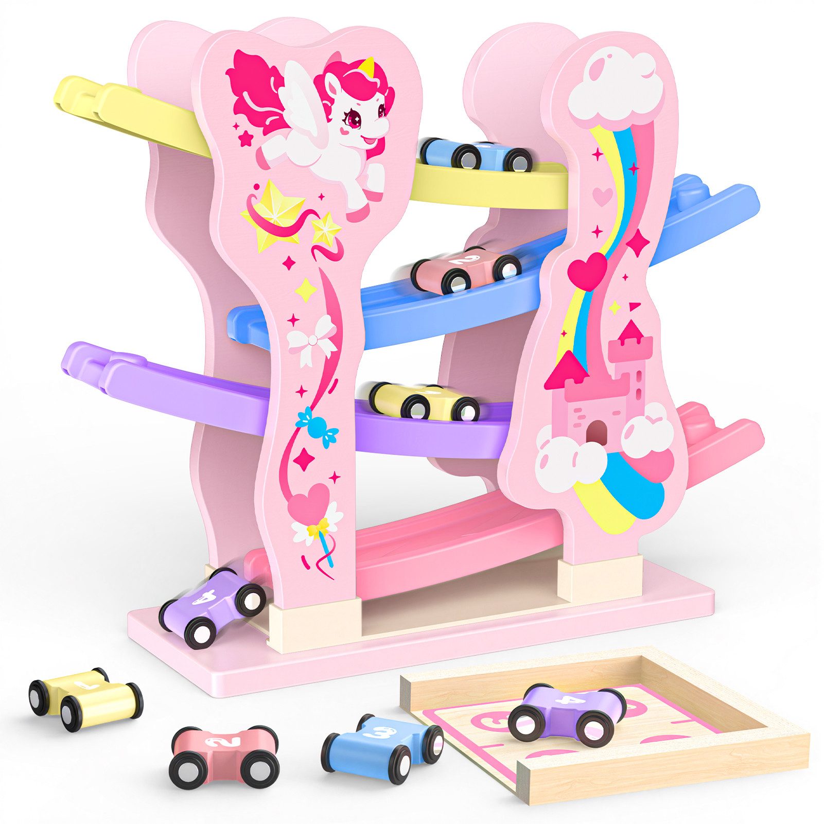 Wootoy Kugelbahn Holz Autorennbahn Lernspielzeug Montessori Spielzeug mit 4 Autos, (4 Rampen und praktischem Parkdeck, 4-tlg., Fahrzeuge mit Zahlen und Farben unterstützen), Holzspielzeug für Spielspaß im Innen- und Außenbereich