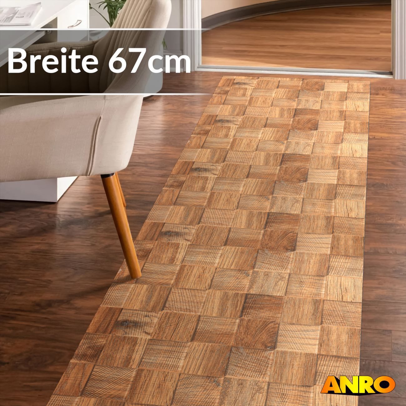 ANRO Küchenläufer abwaschbar Holz LADY Läufer stark pflegeleicht Küchenteppich, Rechteckig, Höhe: 3 mm, robust schmutzabweisend 67x100cm Patchwork Braun robust – Bild 3 von 5