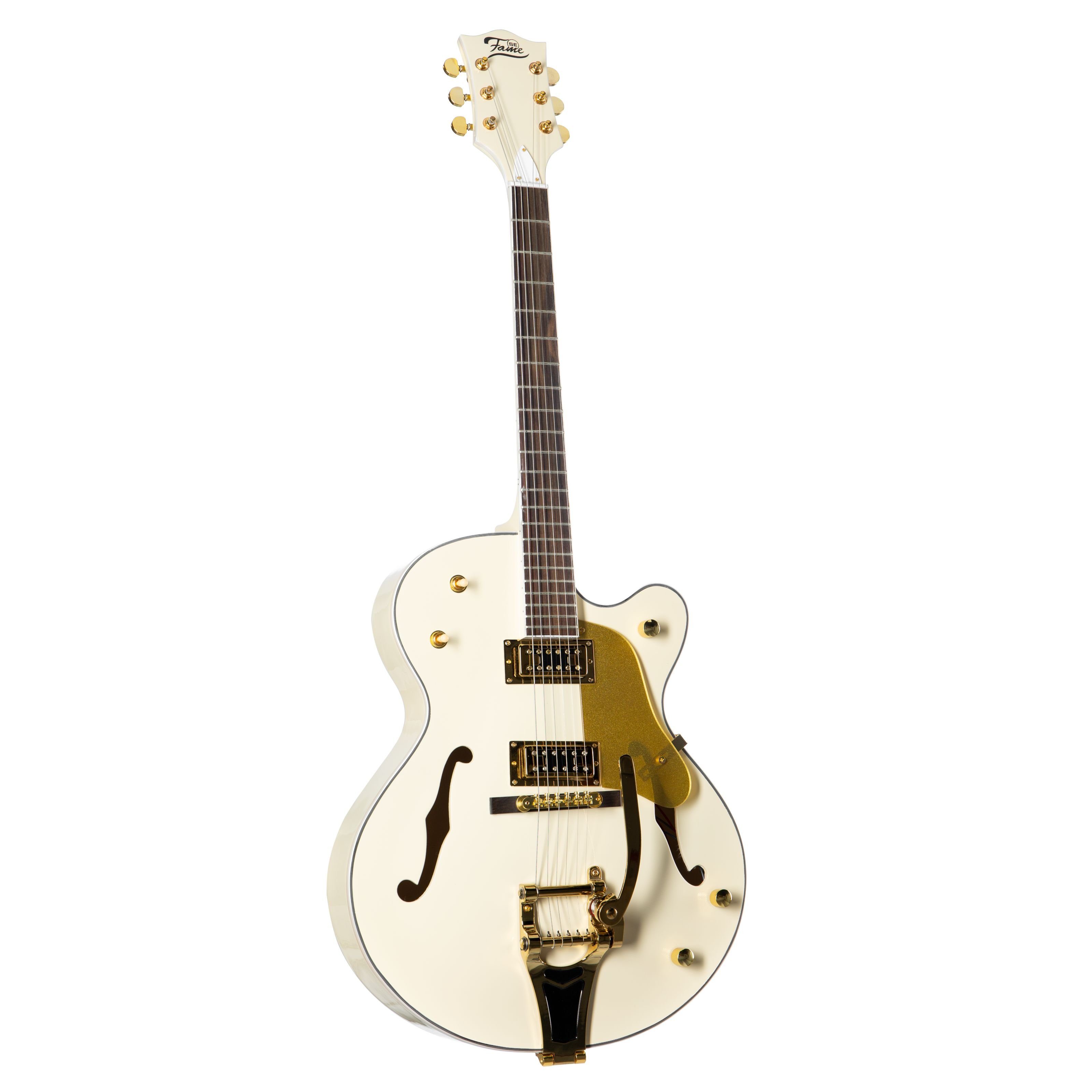 FAME Halbakustik-Gitarre, SE Series Big Boy Weiß Halbakustikgitarre elektrische halbakustische Gitarre mit Humbucker Tonabnehmer Semi Electric Guitar mit Riegelahorndecke, Halb-Akustik Gitarren, Hollow-Body Modelle, Halbakustikgitarre, elektrische Gitarre, Humbucker Tonabnehmer