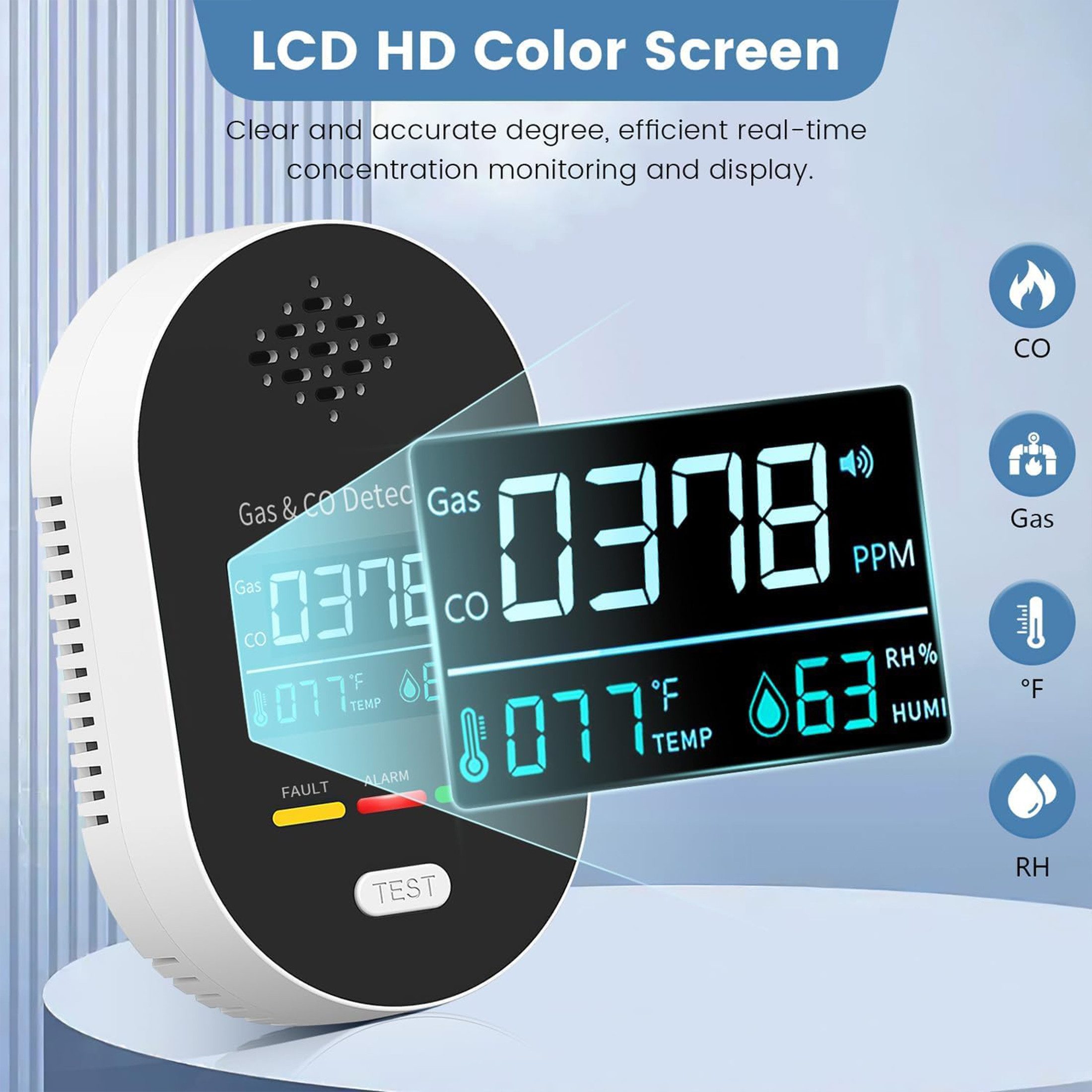 Luckice 4-in-1 Gaswarngerät mit Stecker,Gas- & CO-Melder (LCD-Display, Kohlenmonoxid- und Brenngaswarnmelder,für Zuhause, Erdgas) – Bild 2 von 5