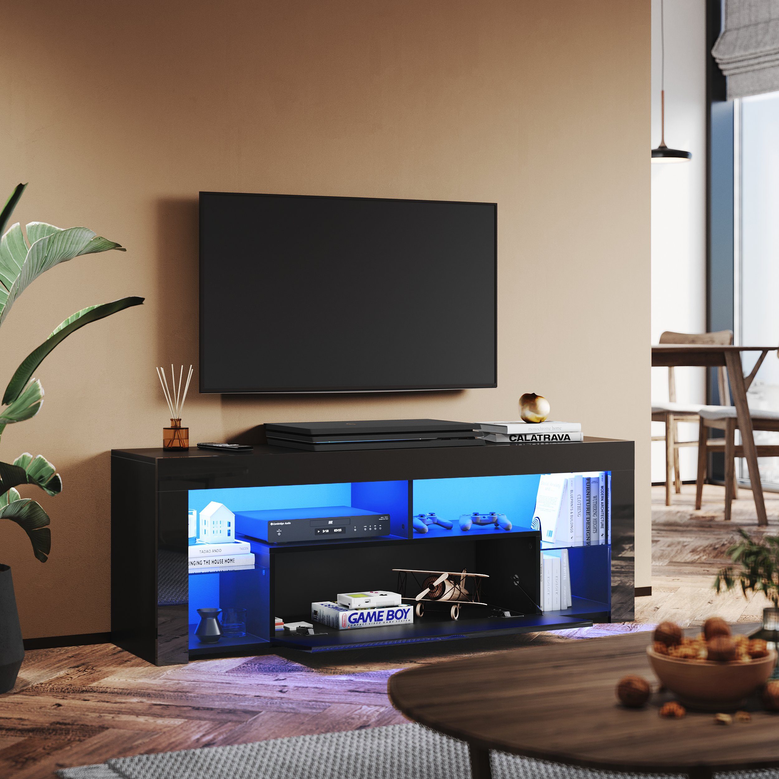 TV-Schränke 140x50.5x35cm, TV-Schrank sideboards wohnzimmer, Glasregal, LED mit Beleuchtung schrank Klapptür in mit SONNI Schwarz tv Lowboard, Hochglanz