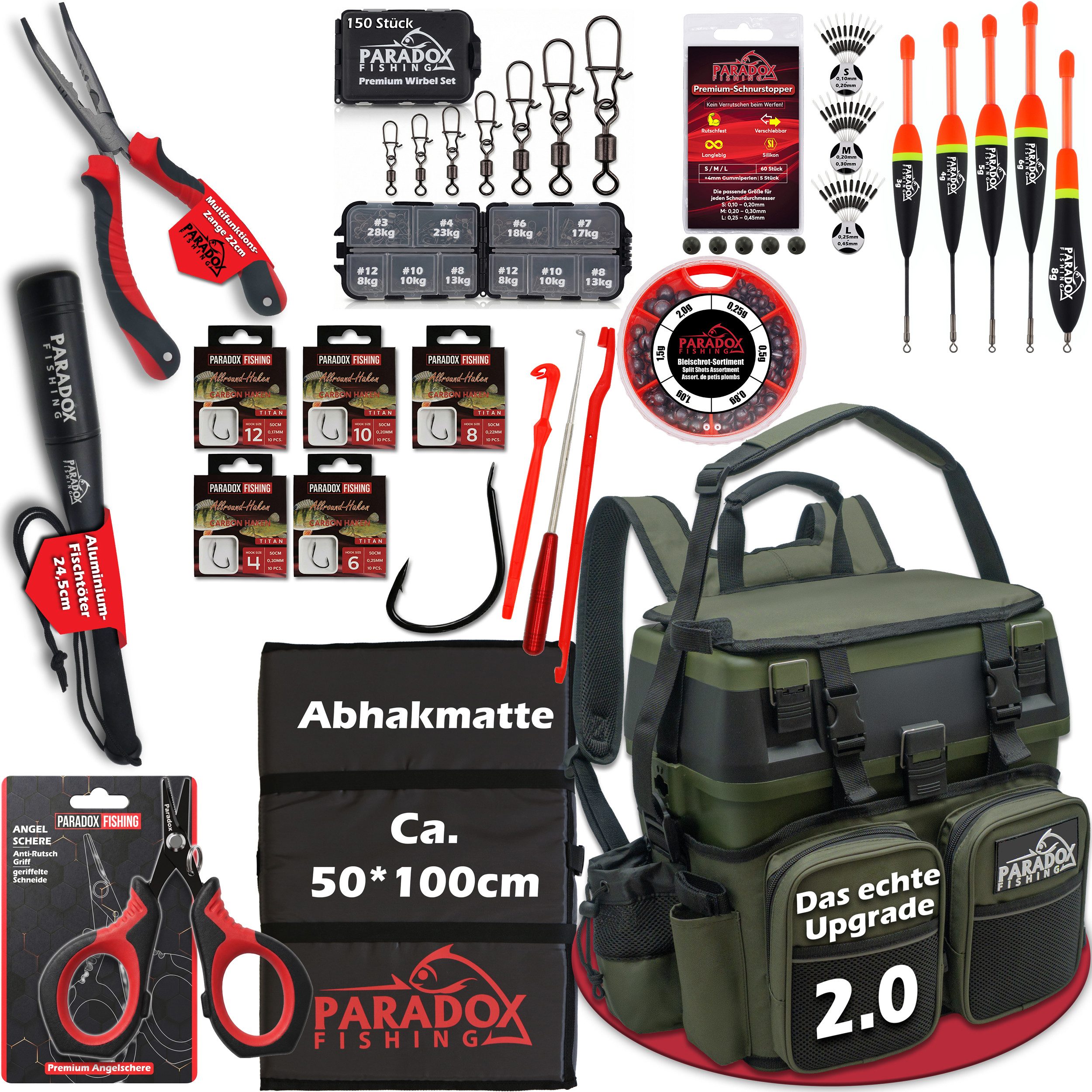 Paradox Fishing Angelrucksack 3-in-1 Multifunktions-Sitzkiepe mit 4 Boxen im Deckel (9-tlg), Zangenhalterung