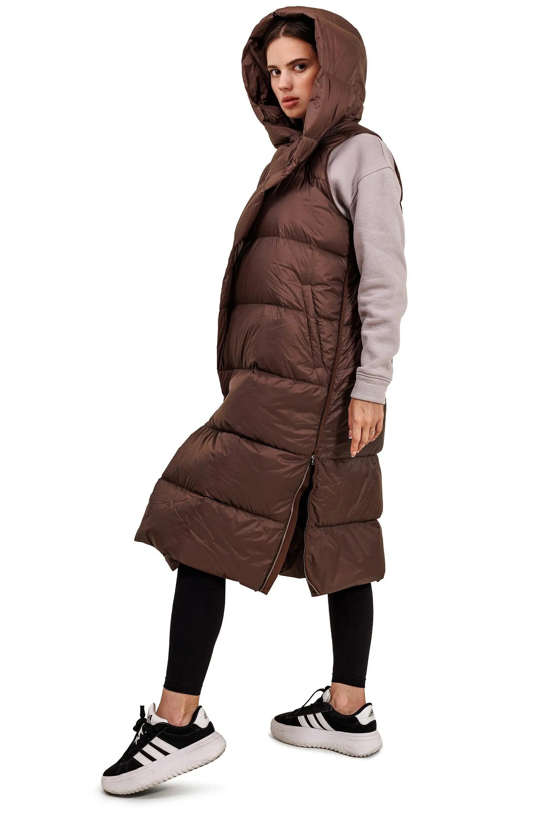 JNBY Daunenweste Damen lange Daunenweste mit Kapuze Frühlingsweste Schoko warm