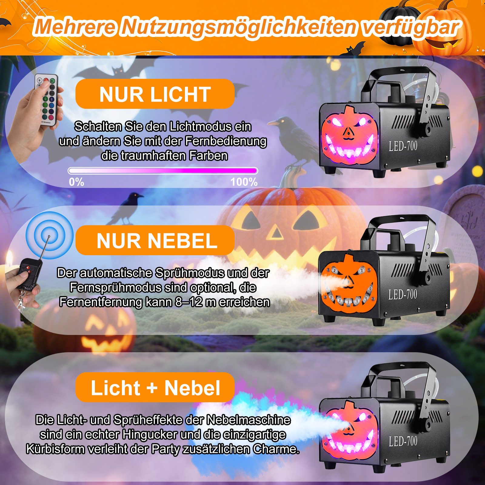 TLGREEN LED Discolicht 500W Nebelmaschine Kürbis Kopf, mit 13 Farben 9 LED Licht, RGB Effekt und Automatik-Sprühfunktion, Fog Rauchmaschine für Halloween, Weihn – Bild 3 von 5