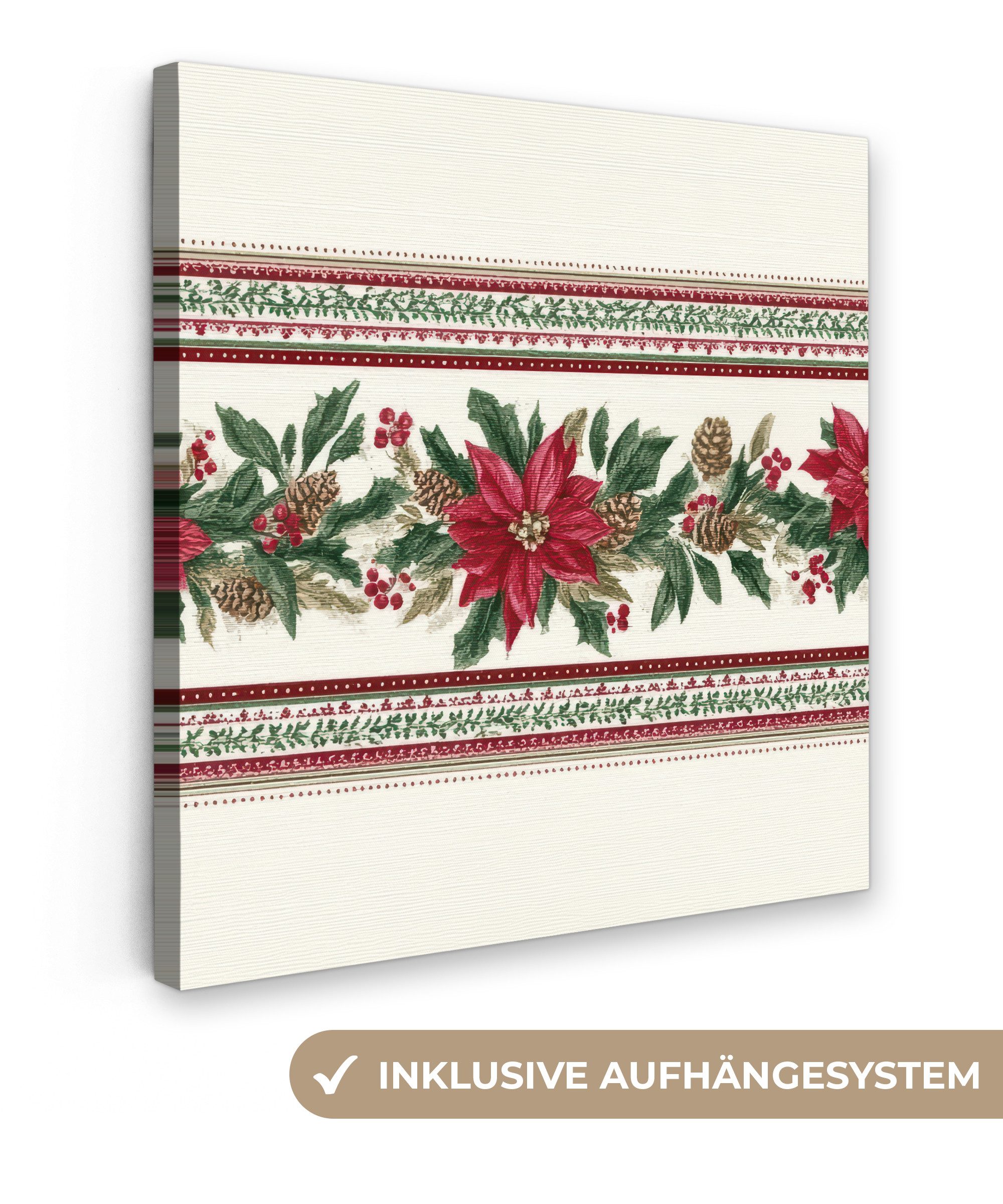 OneMillionCanvasses® Leinwandbild Weihnachtsstreifen - Weihnachtsstern - Rot - Grün, Fotodruck (1 St), Wandbild, Deko Schlafzimmer Wohnzimmer Flur 20x20 cm