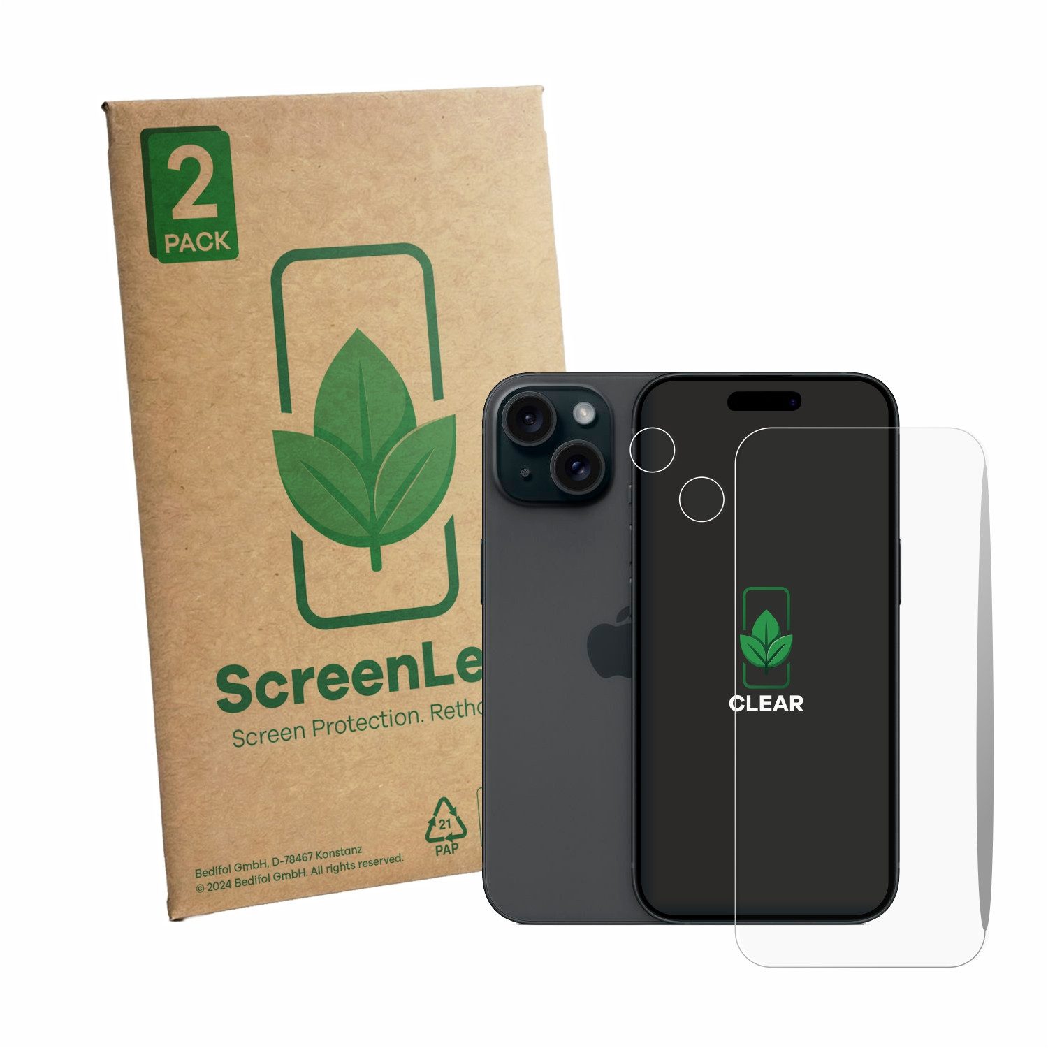ScreenLeaf Displayschutzfolie Schutzfolie für Apple iPhone 15 (Display+Kamera), 2 Stück, Displayschutz Schutz Folie Klar Transparent