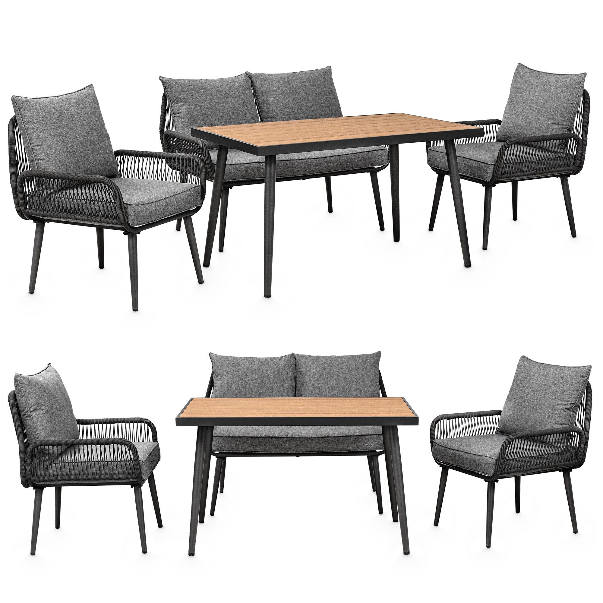 Swing&Harmonie Gartenlounge-Set für 4-6 Personen mit Tisch, Sofa, Stühle, (wetterfest, WPC-Tischplatte, Seilgeflecht Lounge, inkl. Kissen Sienna Garten Sitzgruppe)