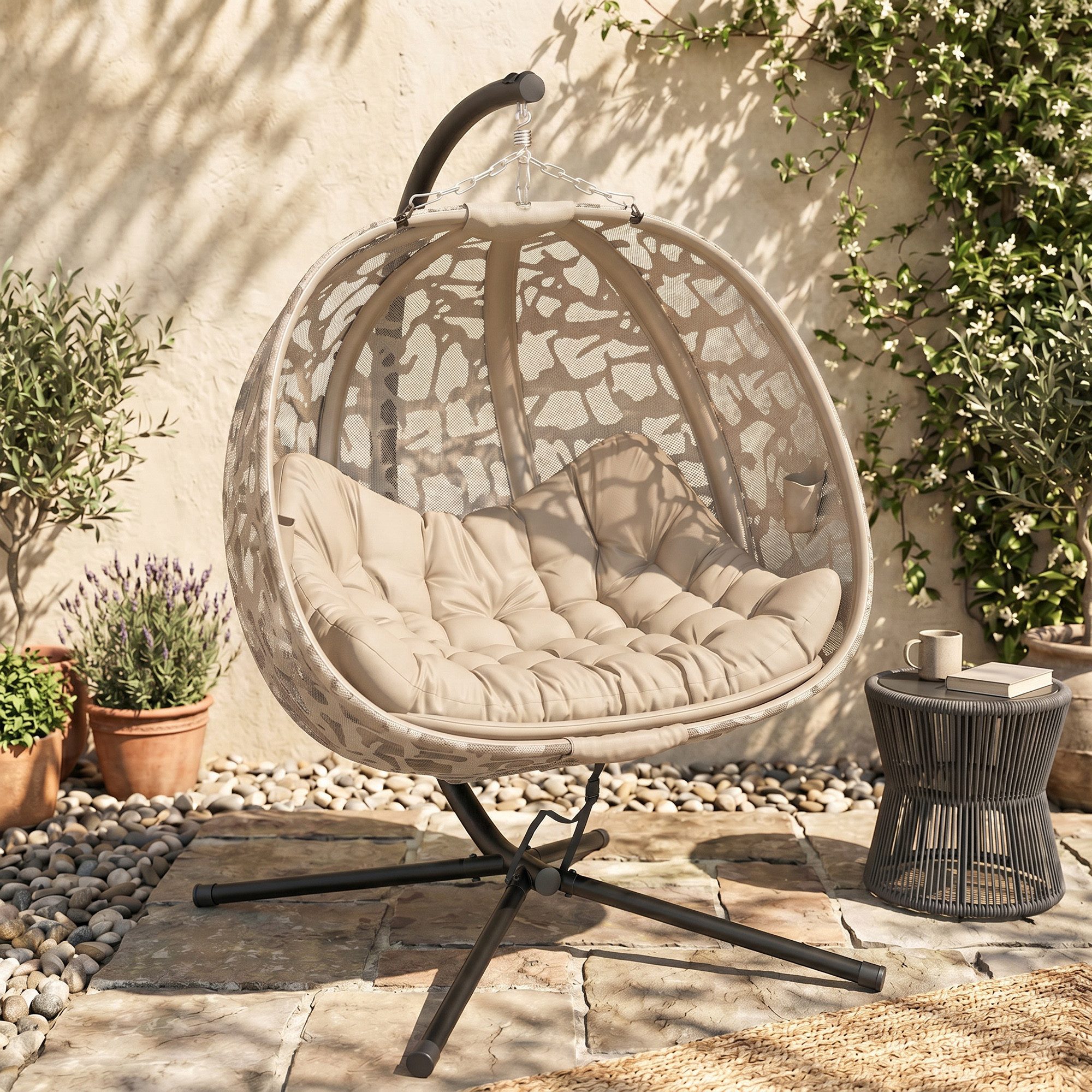 Outsunny Hängesessel 2 Sitzer mit Kissen, klappbarem Sitzkorb (Hängeschaukel, 1-St., Hängestuhl), Für Indoor, Outdoor, Polyester, Stahl, Sand