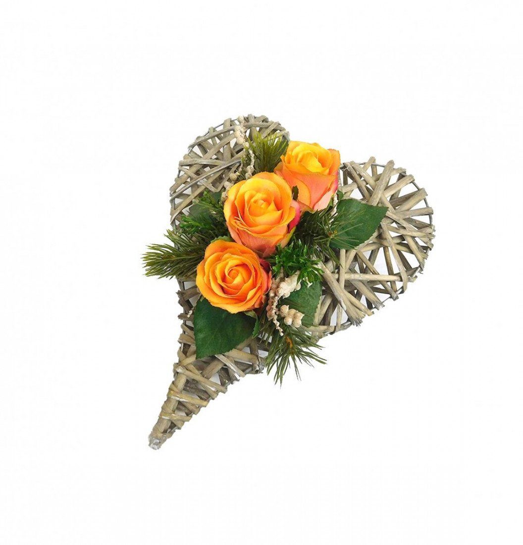 Gestecke Rattanherz Tischdeko Herz Grabgesteck Kunstblumen künstlich 173  Rose, PassionMade, Höhe 10 cm, Grabgesteck Künstlich