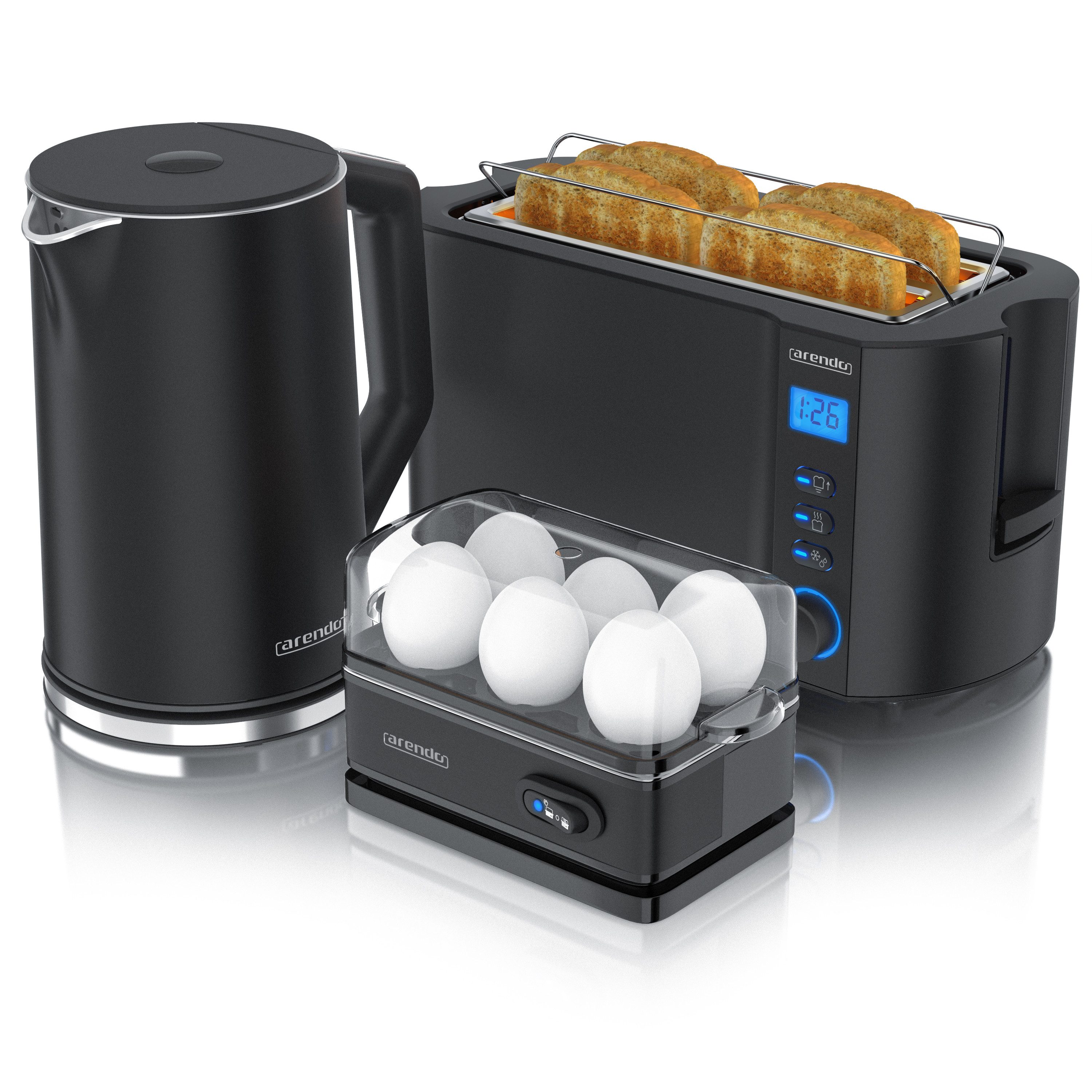 Arendo Frühstücks-Set Wasserkocher 1,5l, 4-Scheiben Toaster, 6er Eierkocher, Schwarz (3-tlg), Edelstahl, BPA-frei, GS-geprüfte Sicherheit, fürs Familienfrühstück