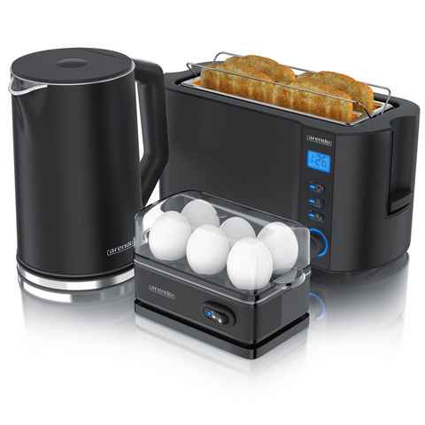 Arendo Frühstücks-Set (3-tlg), Wasserkocher 1,5l, 4-Scheiben Toaster, 6er Eierkocher, Schwarz