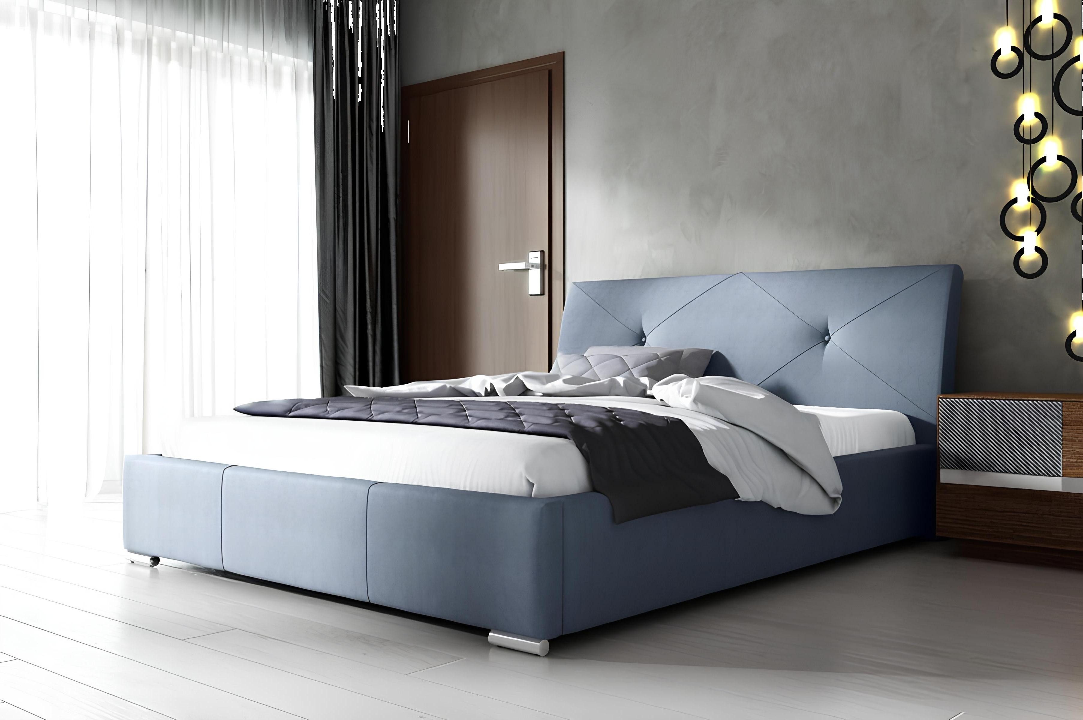 Bett Doppelbett mit blauem Polster für Hotels mit Holzrahmen in blauem