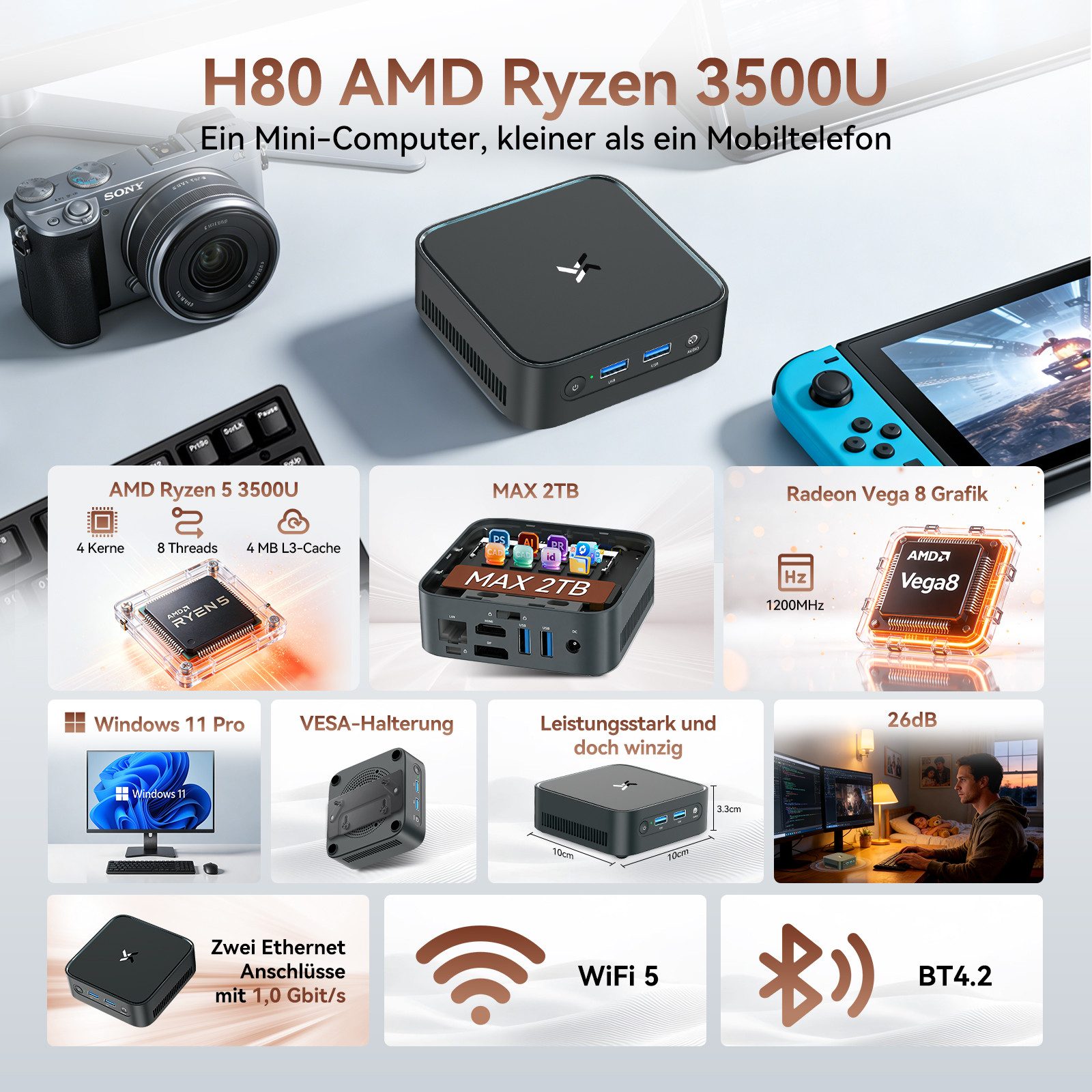 blackview Huidun H80 AMD Ryzen 5 3500U(4C/8T) 16GB RAM 512GB SSD Mini-PC (AMD AMD Ryzen 5 3500U, 16 GB RAM, 512 GB SSD, Windows 11 Pro, WiFi 5 gaming PC, HDMI, Mit Tastatur und Maus)