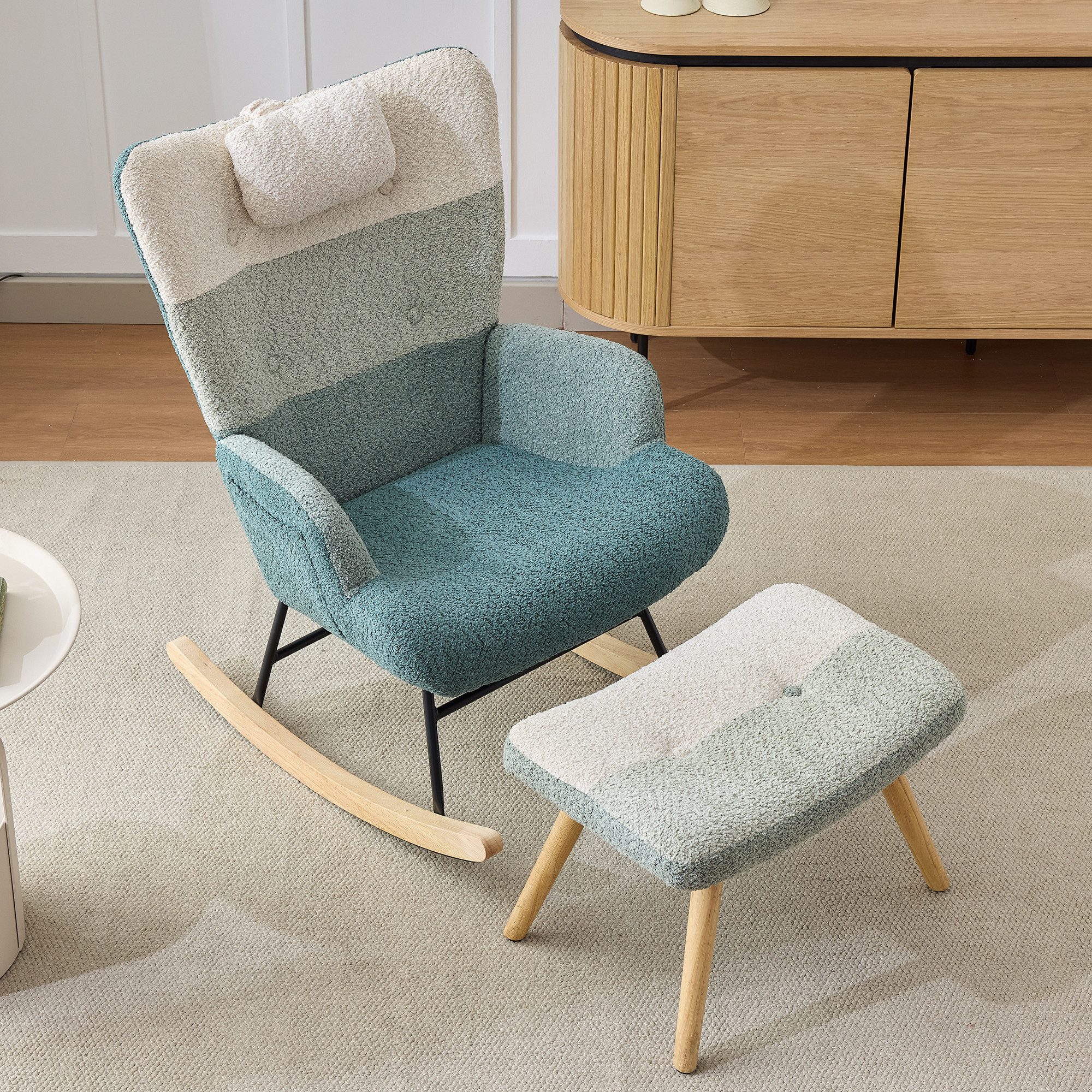 STILVORA Schaukelstuhl mit hocker Polsterstuhl aus Boucle-Samt,Relaxsessel mit Kopf,Patchwork (Wohnzimmersessel, Schlafzimmersessel, 2 St), mit hoher Rückenlehne, Kopfstütze Fußstütze