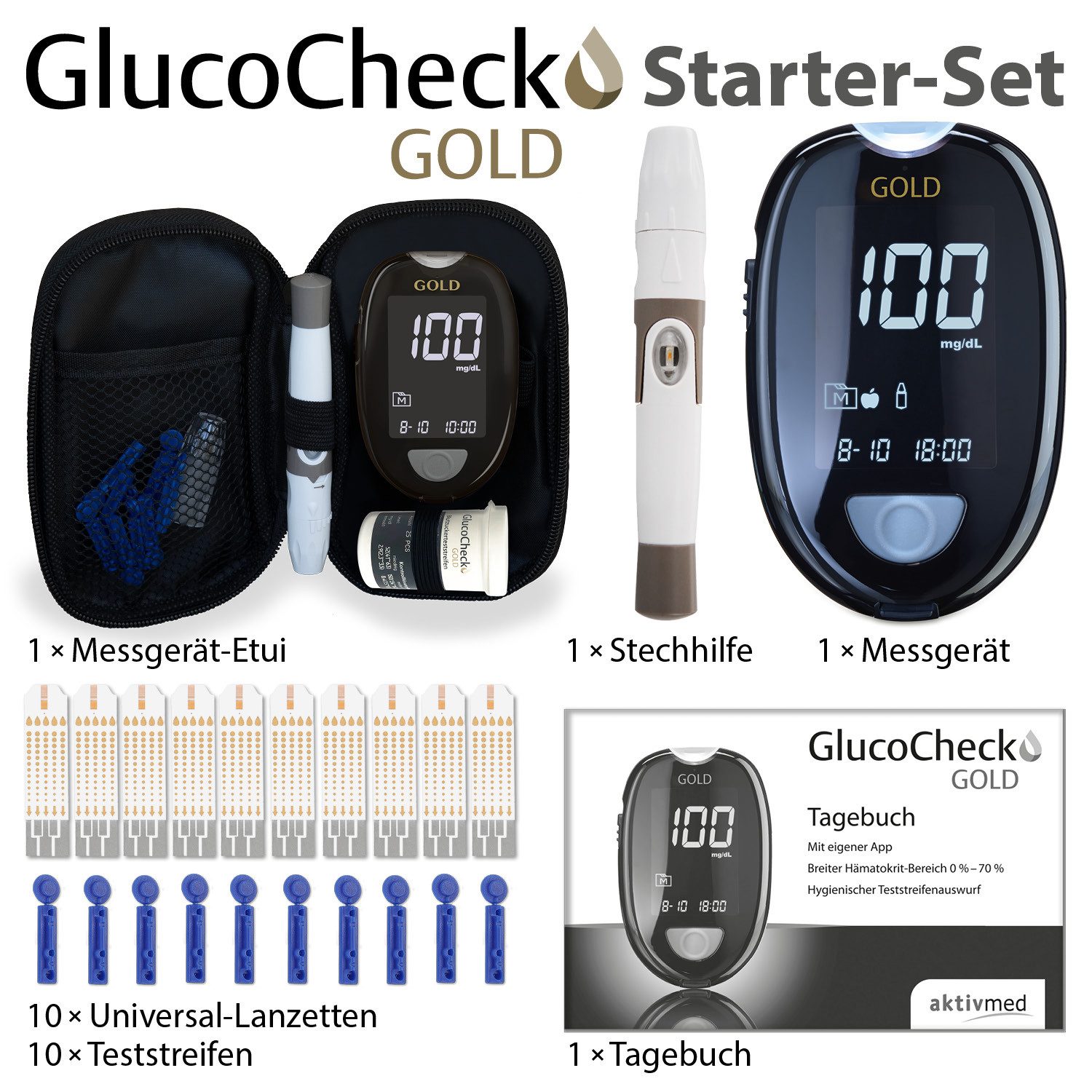GlucoCheck Blutzuckermessgerät GlucoCheck GOLD Blutzuckermessgerät, Inkl. 10 Teststreifen