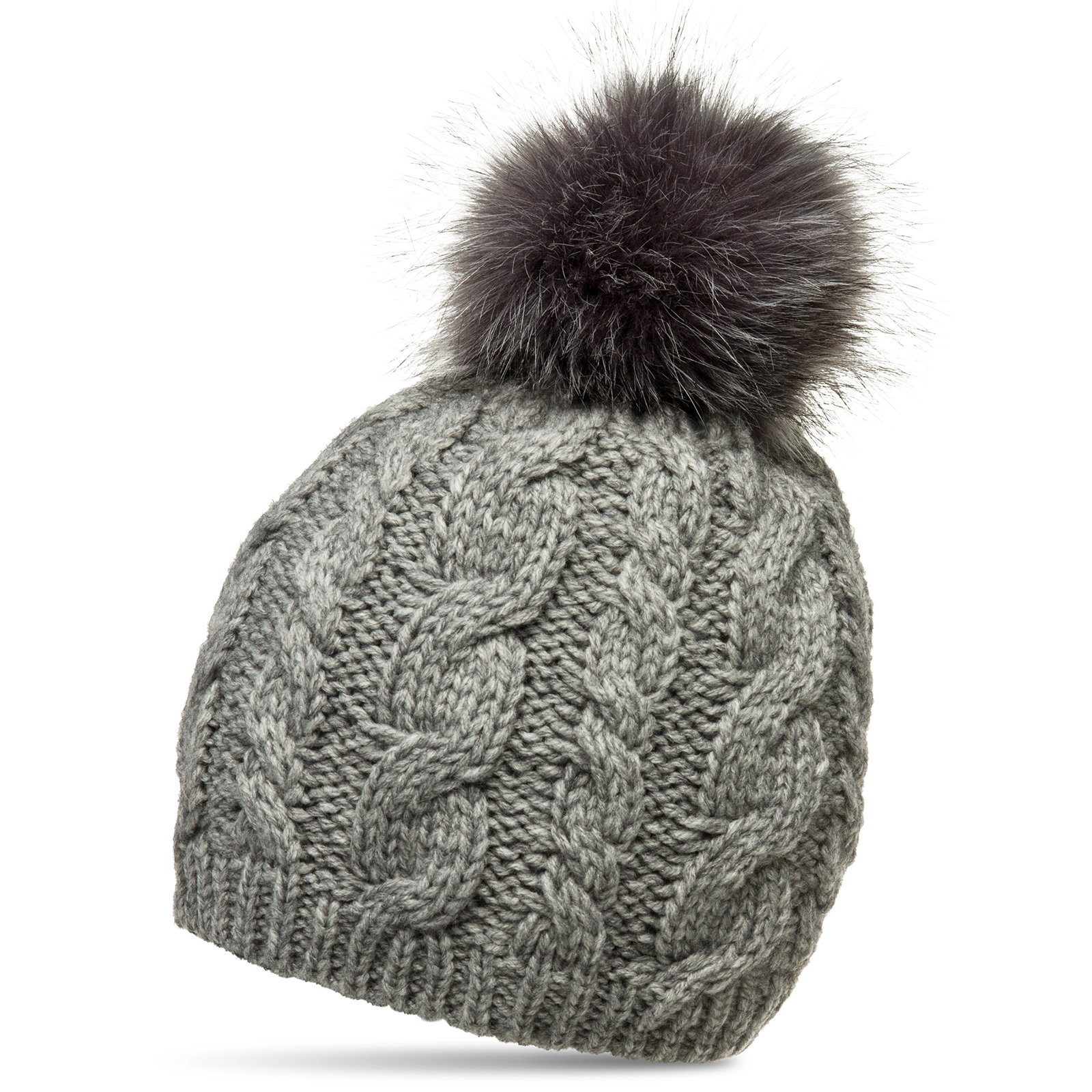 Bommelmütze MU176 Damen Winter Mütze Strickmütze Bommelmütze mit großem Kunstfell Bommel