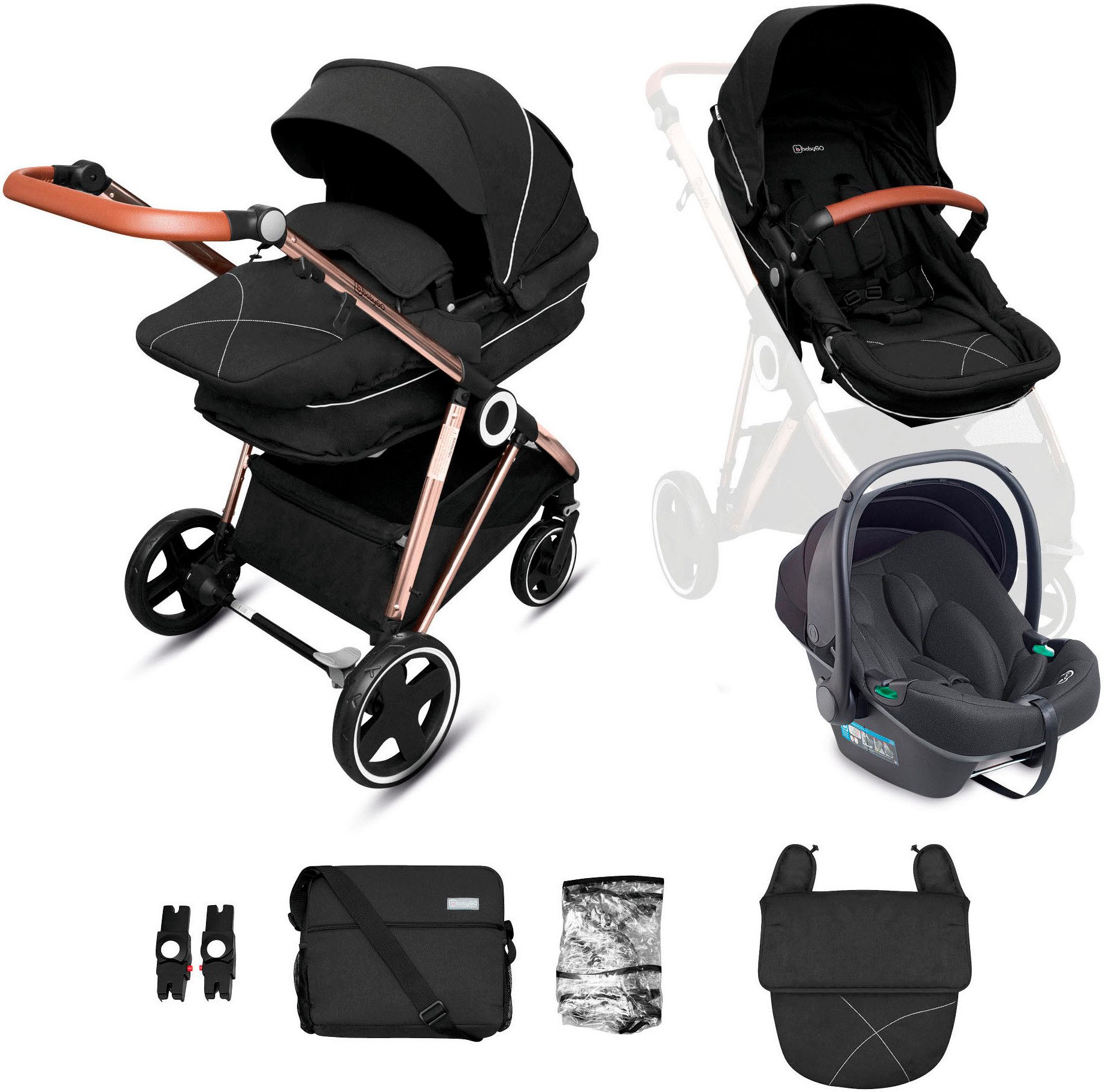 BabyGo Kombi-Kinderwagen Halime 3in1, (Set), inklusive Babywanne, Babyschale, Regenhaube & Wickeltasche