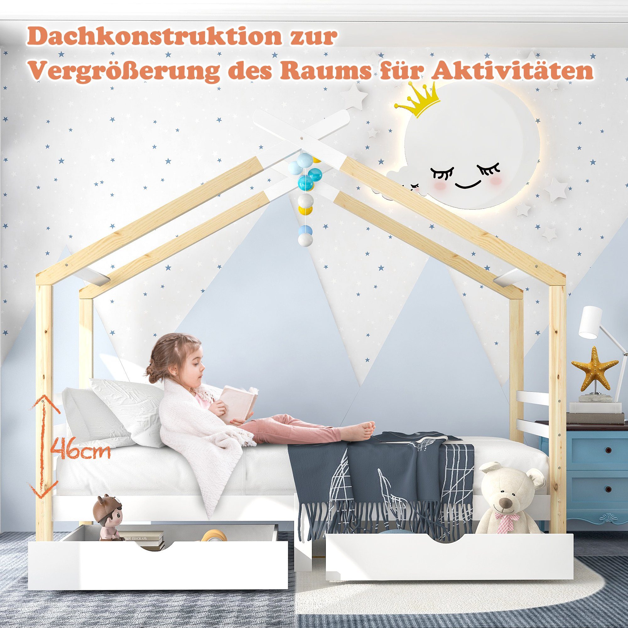 Kinderbett, Hausbett Jugendbett mit Bettschubkasten und Lattenrost, 90x200 cm