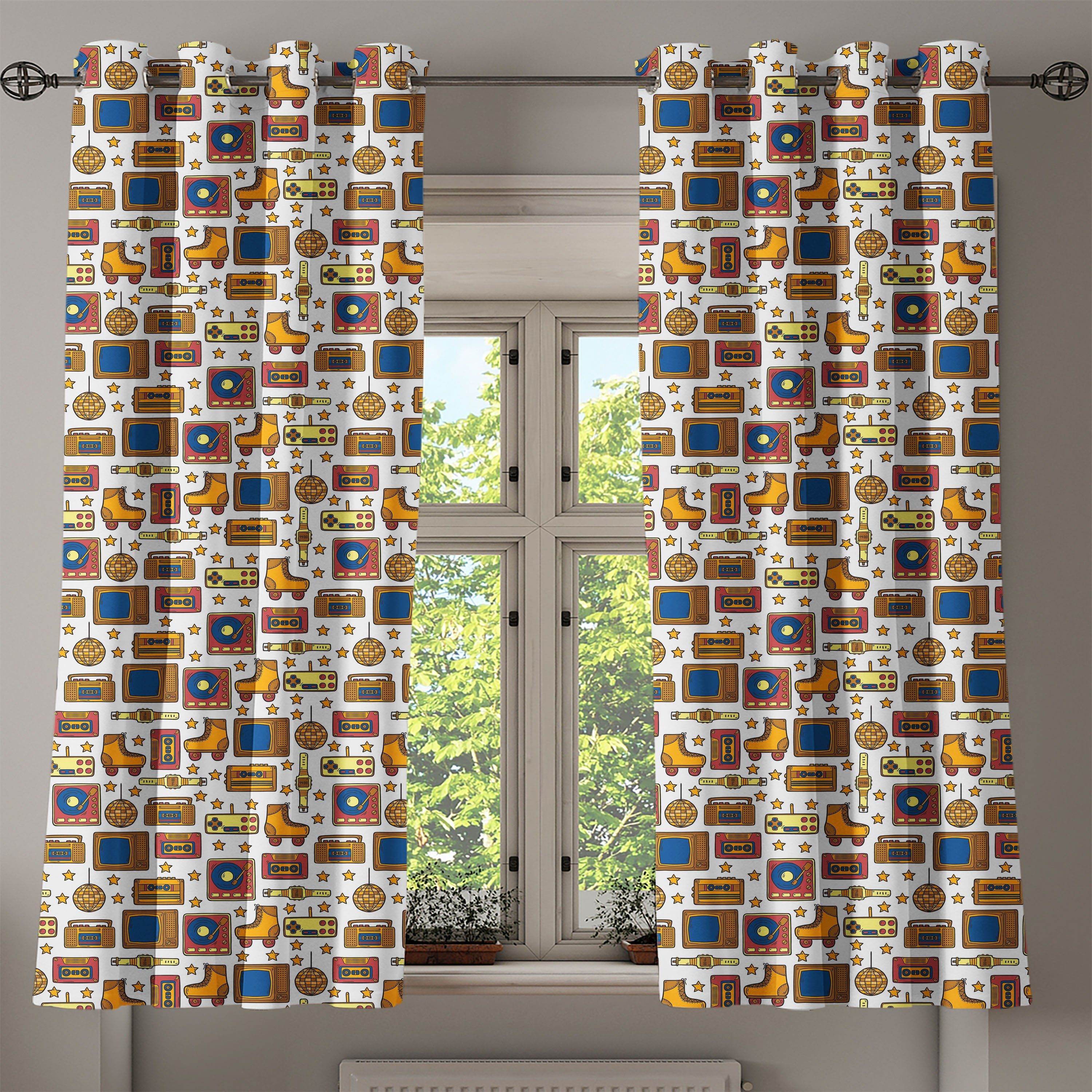 Gardine Dekorative 2-Panel-Fenstervorhänge 90s Wohnzimmer, Retro für Abakuhaus, Schlafzimmer Theme Jahrgang