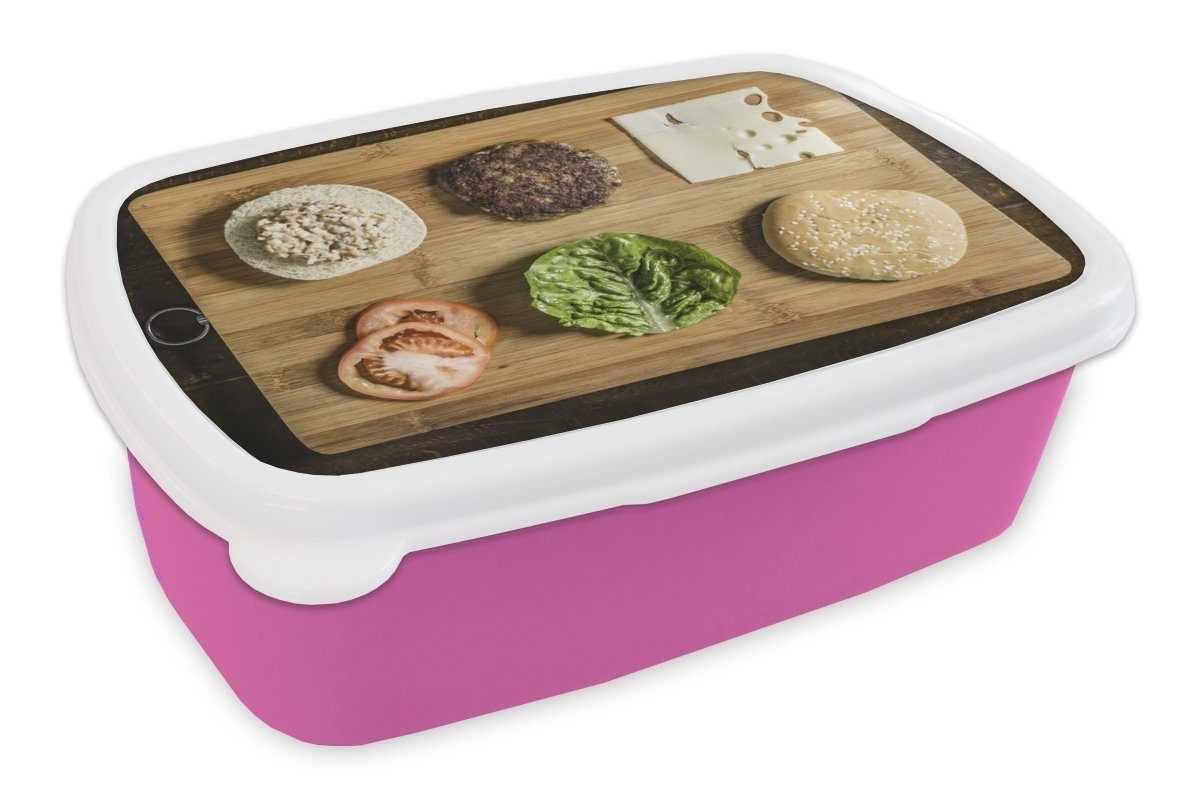 MuchoWow Lunchbox Erwachsene, mit Mädchen, Ein (2-tlg), darauf, Brotbox Kunststoff Kinder, Snackbox, Gemüse für Kunststoff, Brotdose rosa Schneidebrett