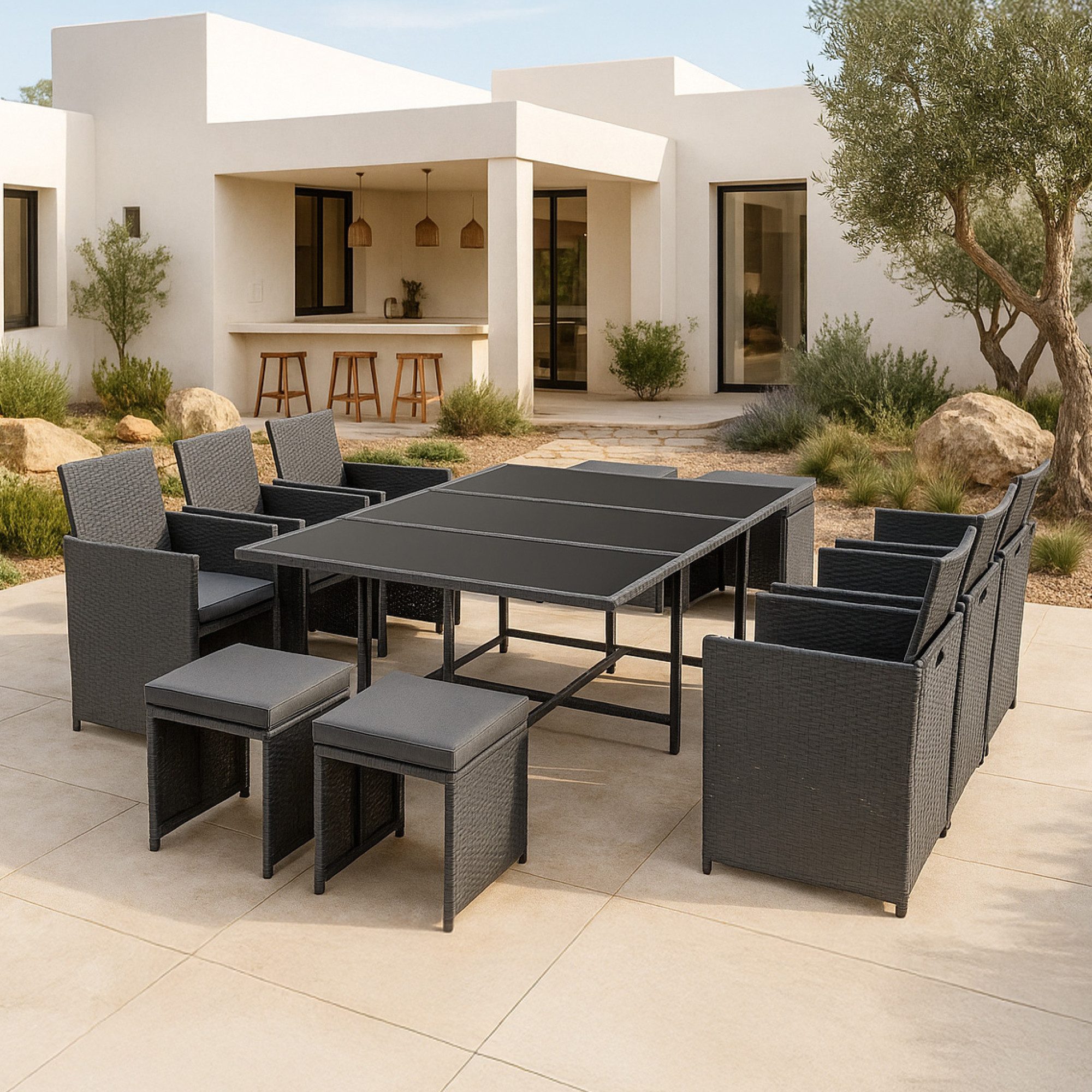 en.casa Gartenlounge-Set, (3-tlg., Esstisch mit 6 Stühlen und 4 Hockern), »Laredo« Sitzgruppe Tisch 6x Stuhl 4x Hocker Polyrattan Dunkelgrau