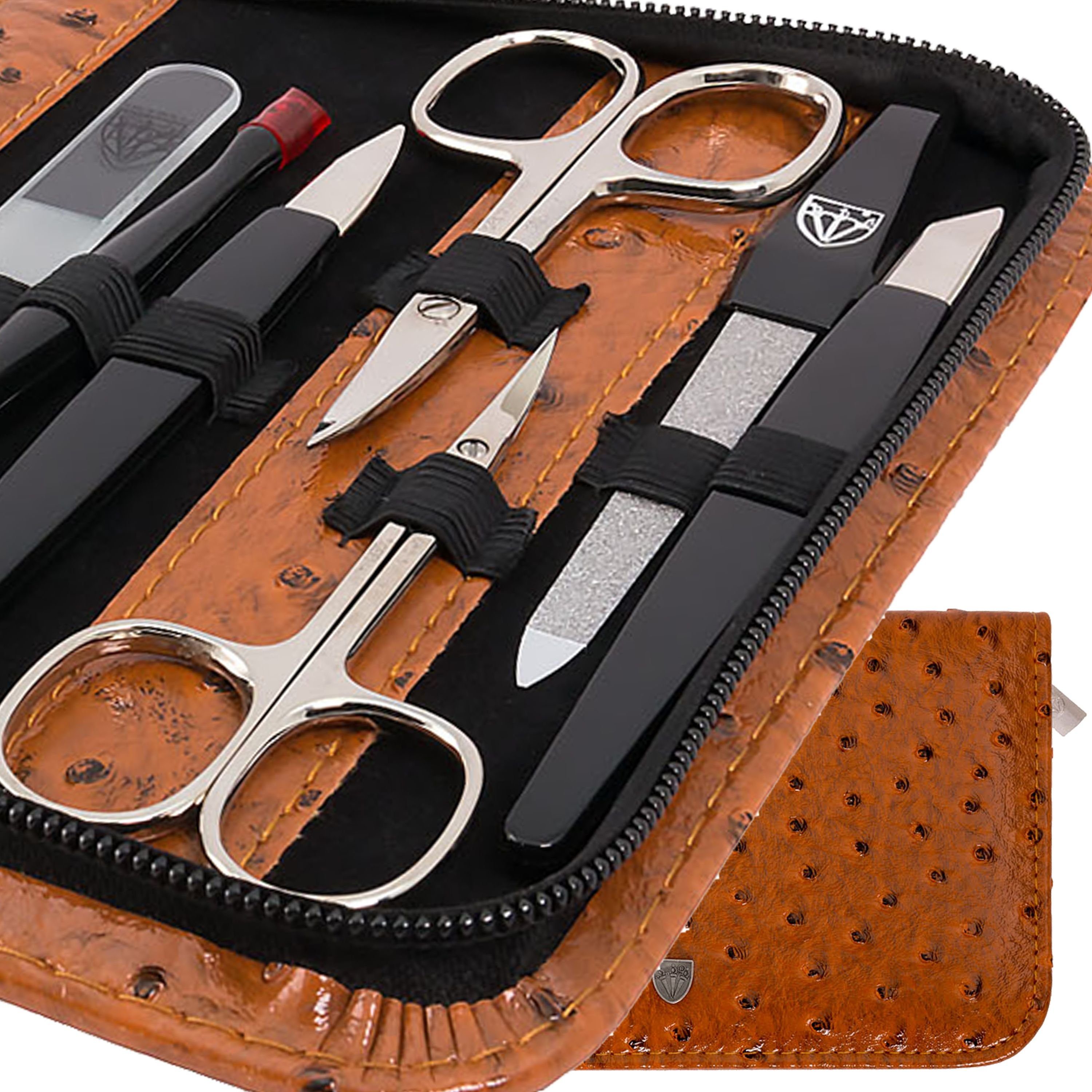 3 SCHWERTER Maniküre-Etui, London 12-teilig und ALL-IN-ONE Saphirnagelfeile Glas- mit Cognac