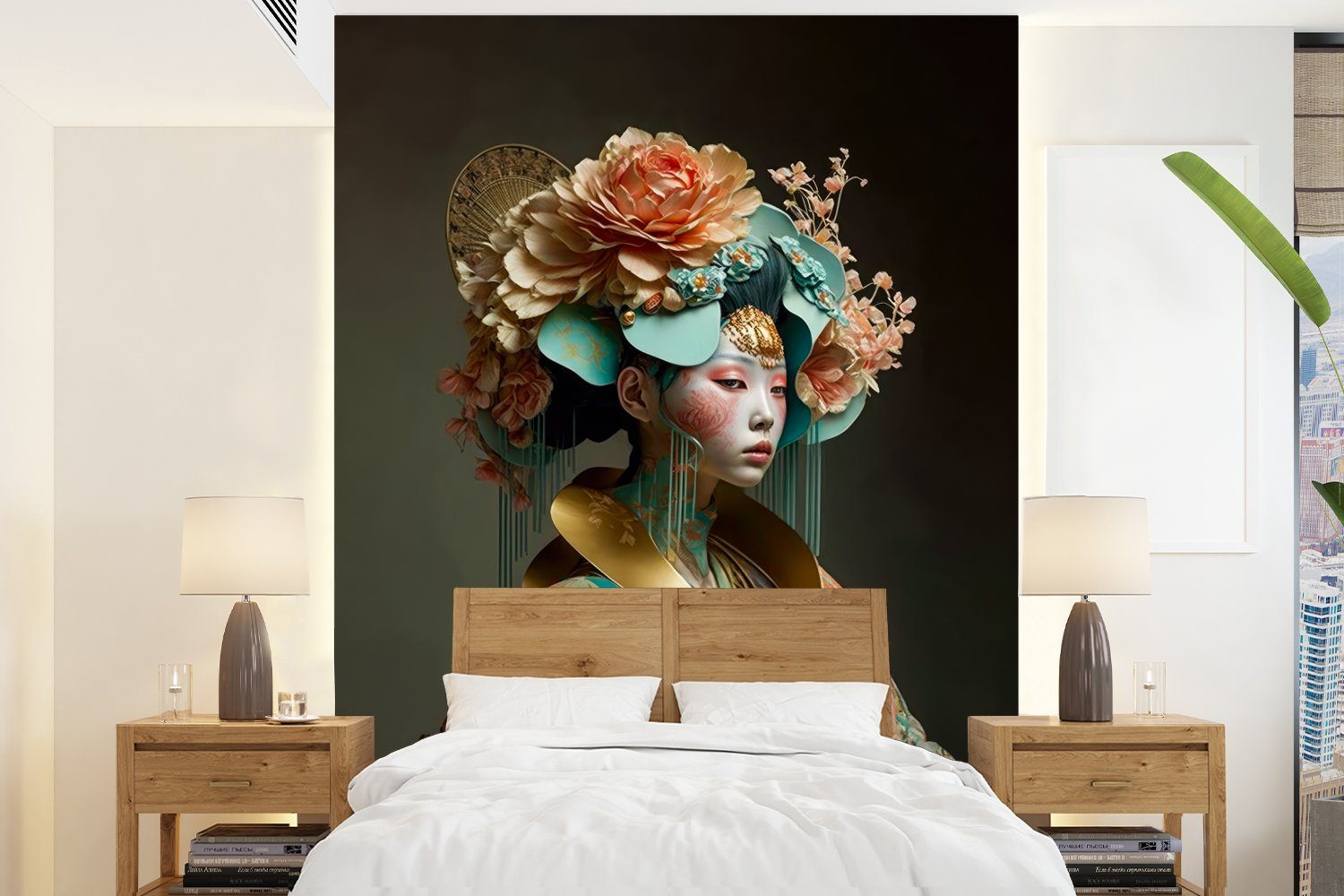 MuchoWow Fototapete Frau - Blumen - Orange - Porträt - Asiatisch, Matt, bedruckt, (4 St), Montagefertig Vinyl Tapete für Wohnzimmer, Wandtapete