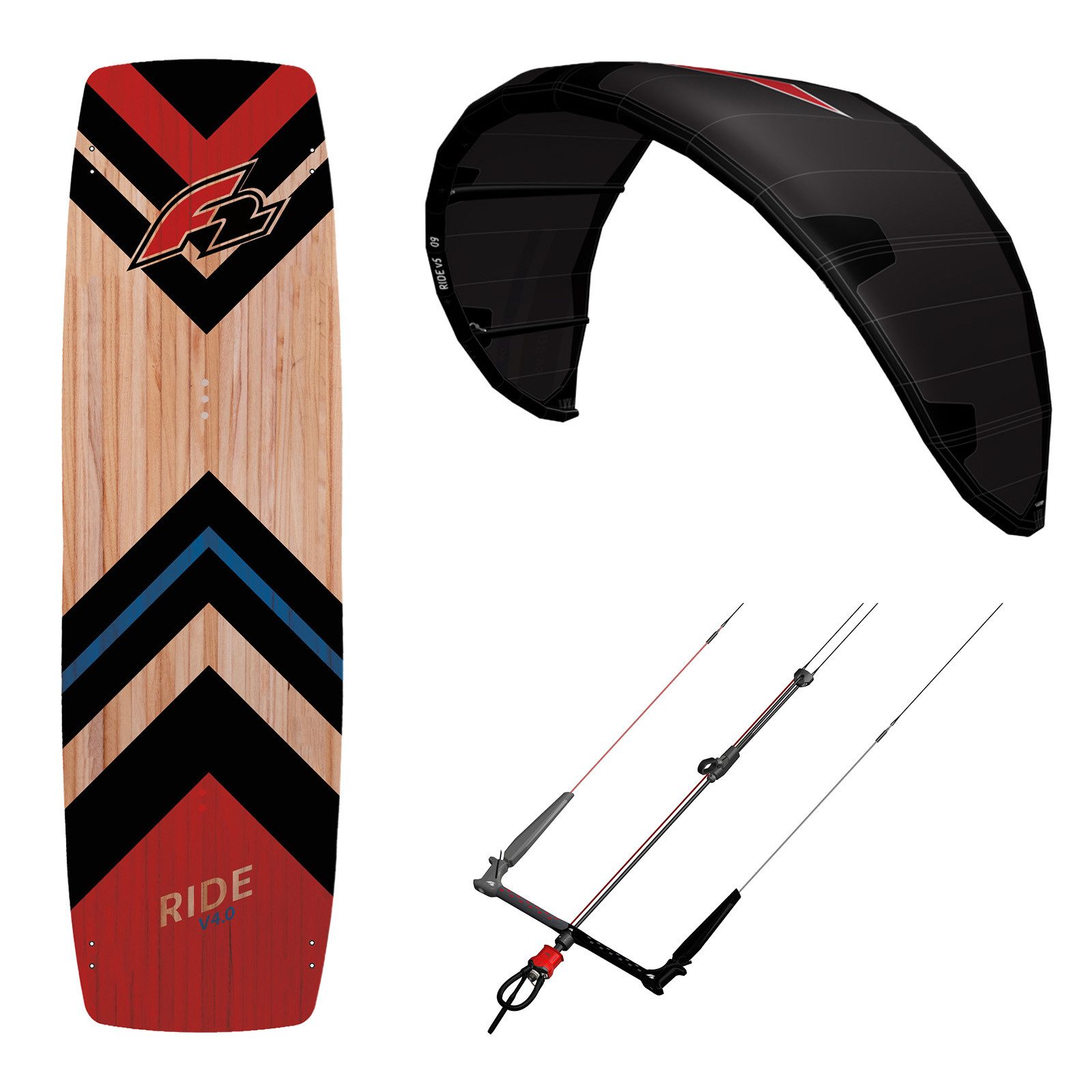 F2 Kite F2 Set Kite Ride V5 5qm, Board Ride Lightwind Wood 148cm, Bar 46cm