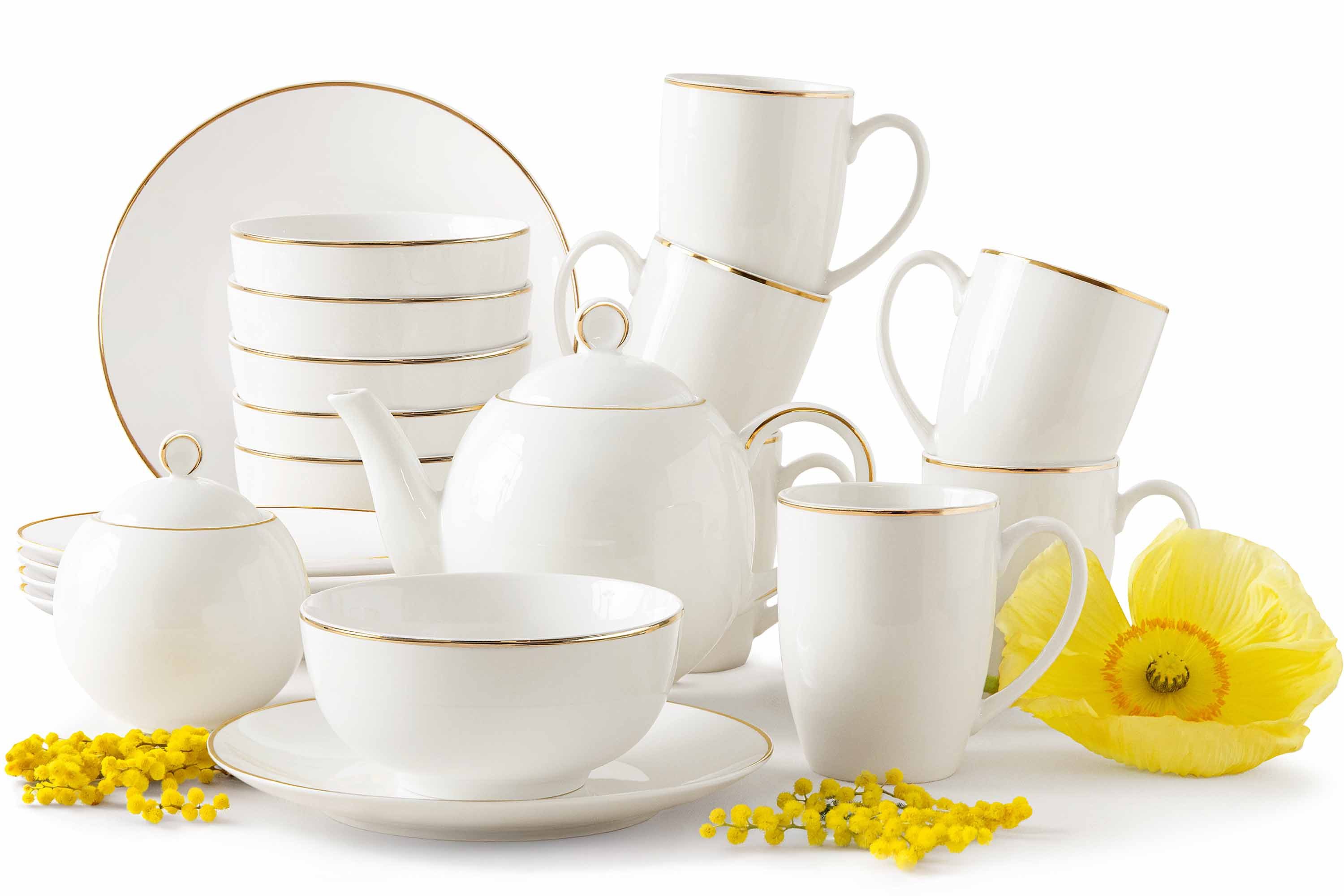 KONSIMO® Frühstücks-Geschirrset AD BELLA Kombiservice, Tafelservice, Hartporzellan, Teeservice (20-tlg), 6 Personen, Porzellan, Porzellan, ecru Farbe mit Goldlinie, Handwäsche empfohlen, Elegant