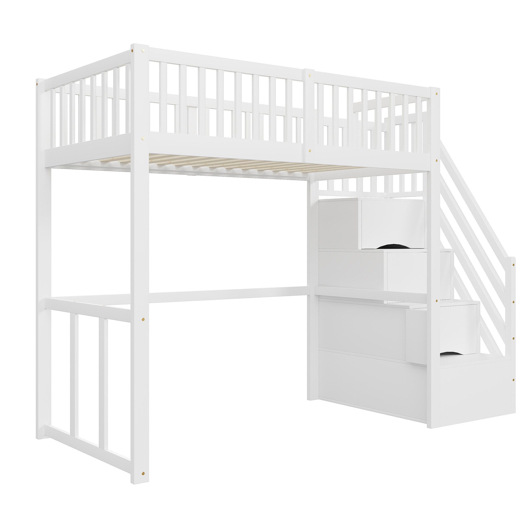 Odikalo Hochbett Hochbett mit Stauraum & Treppe, Weißes Holzbett aus Massiver Kiefer (Hochbett 140x200 / 90x200 cm mit Sicherheitsaufbewahrungsleiter, Sicherhei – Bild 5 von 5
