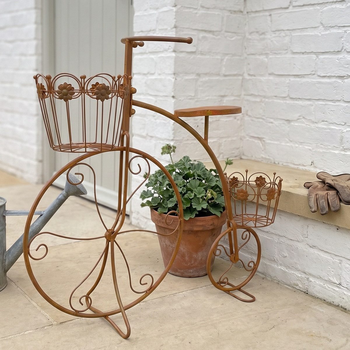 Antikas Gartenpflege-Set Blumenfahrrad Metall Naturrost mit 2 Körben und Unikat-Charakter, H.69