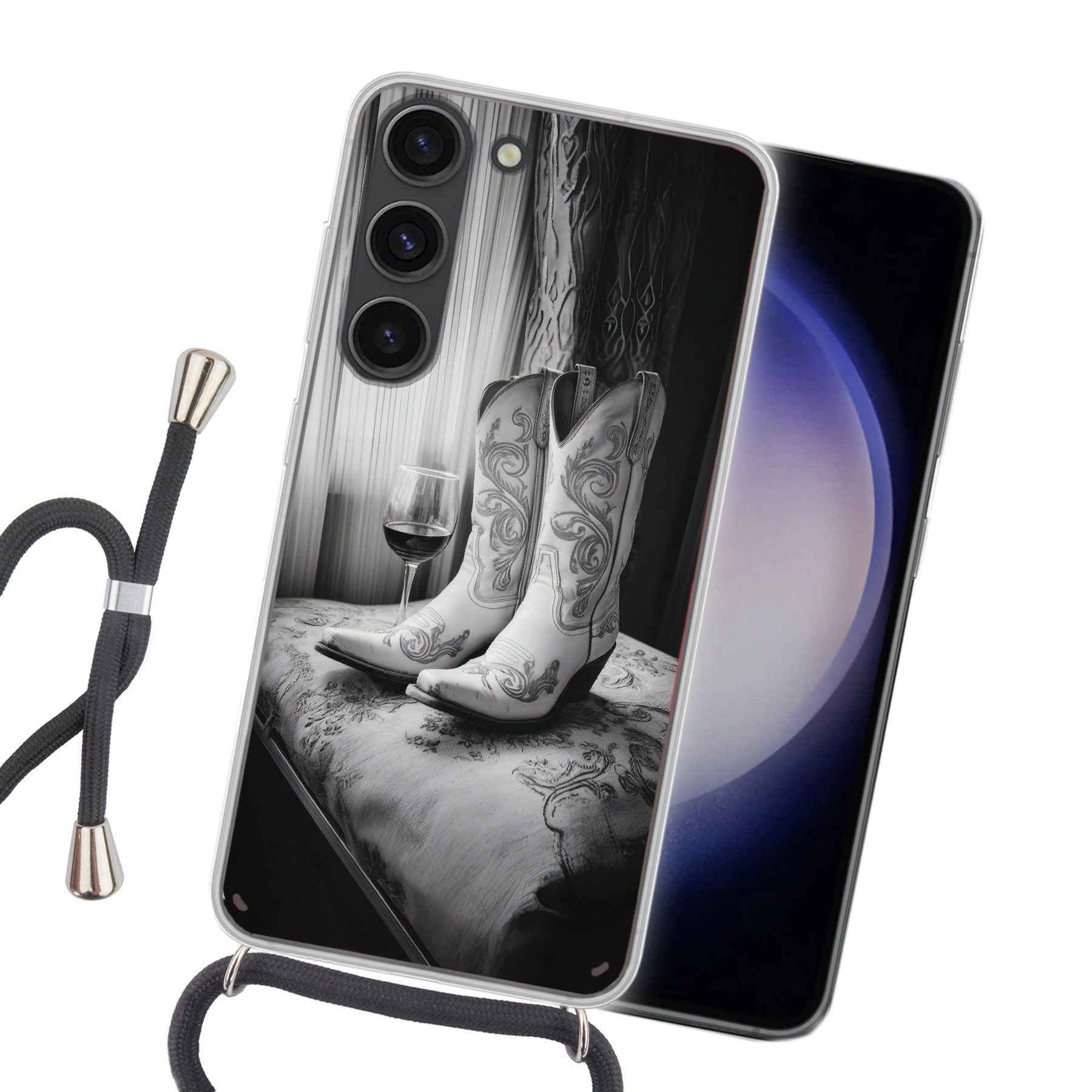 MuchoWow Handyhülle für Samsung Galaxy S23 Wein - Cowboystiefel - Fensterlicht - Weiß, Tragbare Handyhüllen mit Kette zum umhängen, Handykette Handyband