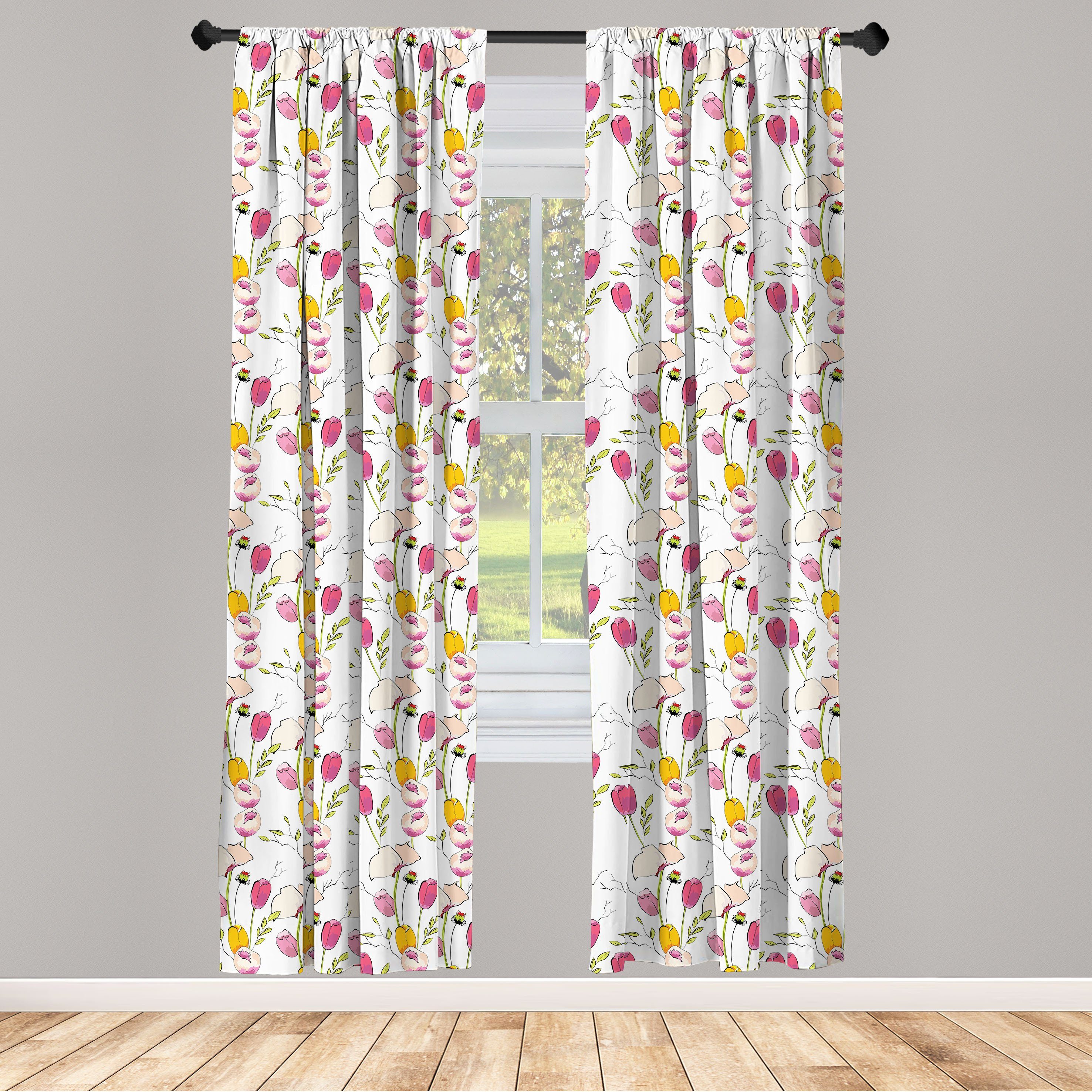 Gardine Vorhang und Bunt Mohnblumen für Wohnzimmer Abakuhaus, Microfaser, Schlafzimmer Tulpen Dekor