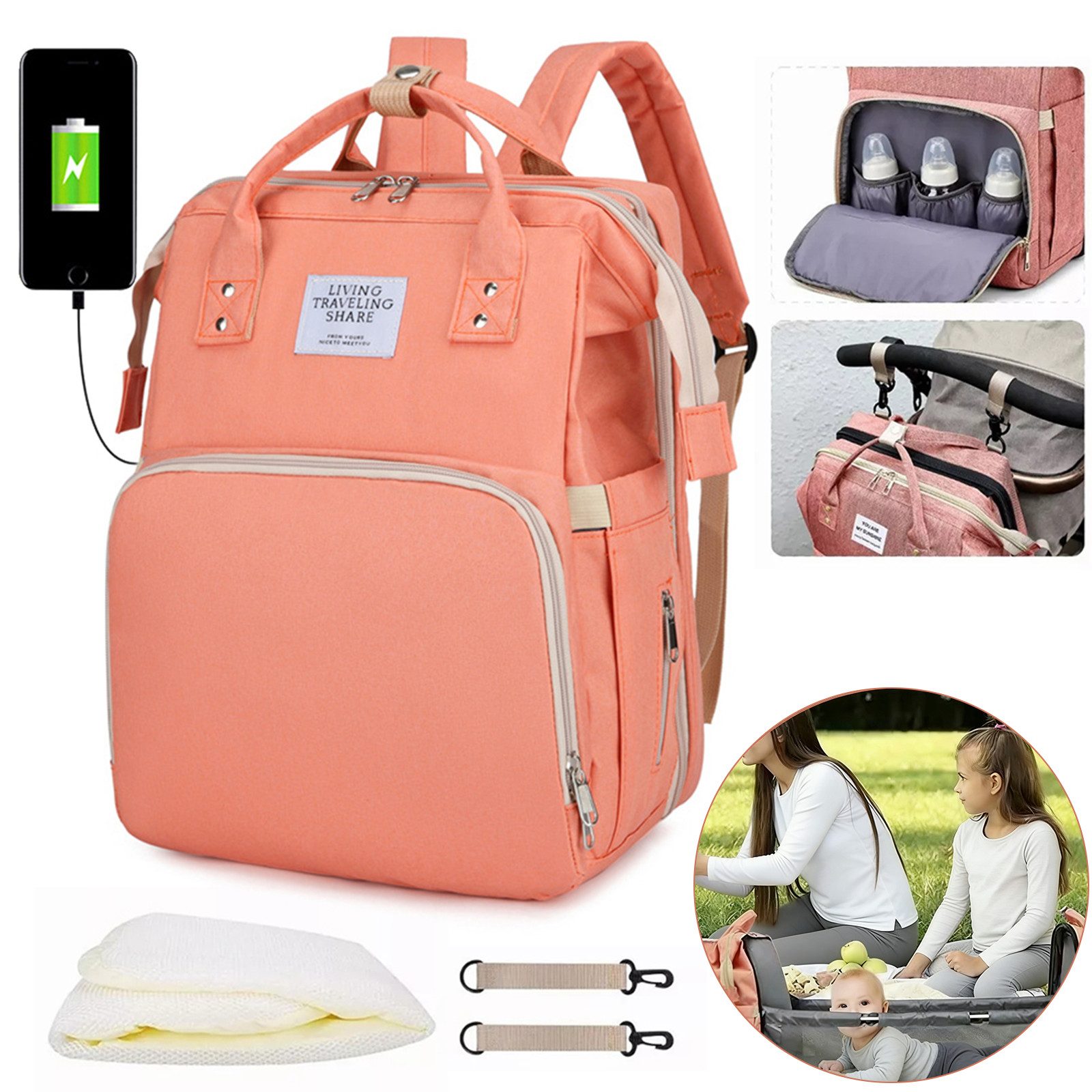MOPUEA Wickeltasche Wickeltasche mit Tragbarem Reisebett und USB-Ladeanschluss (Mehrere Fächer für Windeln, Flaschen, Kleidung und Babyzubehör), Ausklappbare Wickelfläche für hygienisches Windelwechseln unterwegs.