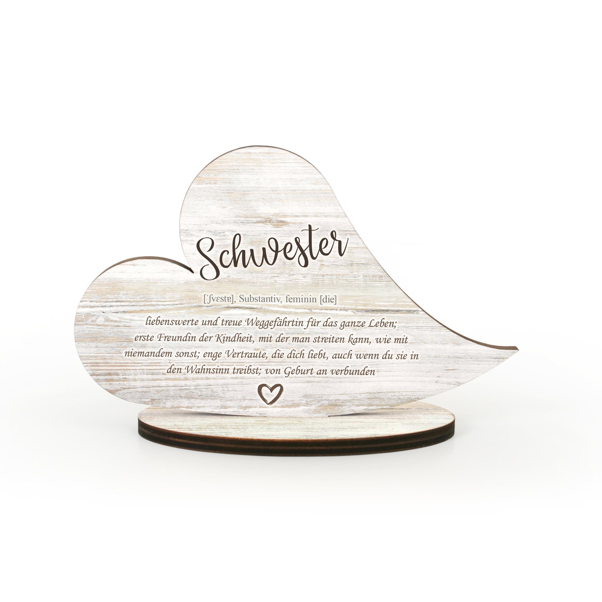 Kreative Feder Dekoobjekt Herz-Aufsteller „Schwester“- freistehende Holz-Deko, tischdeko wohndeko spruch liebe familie schwester
