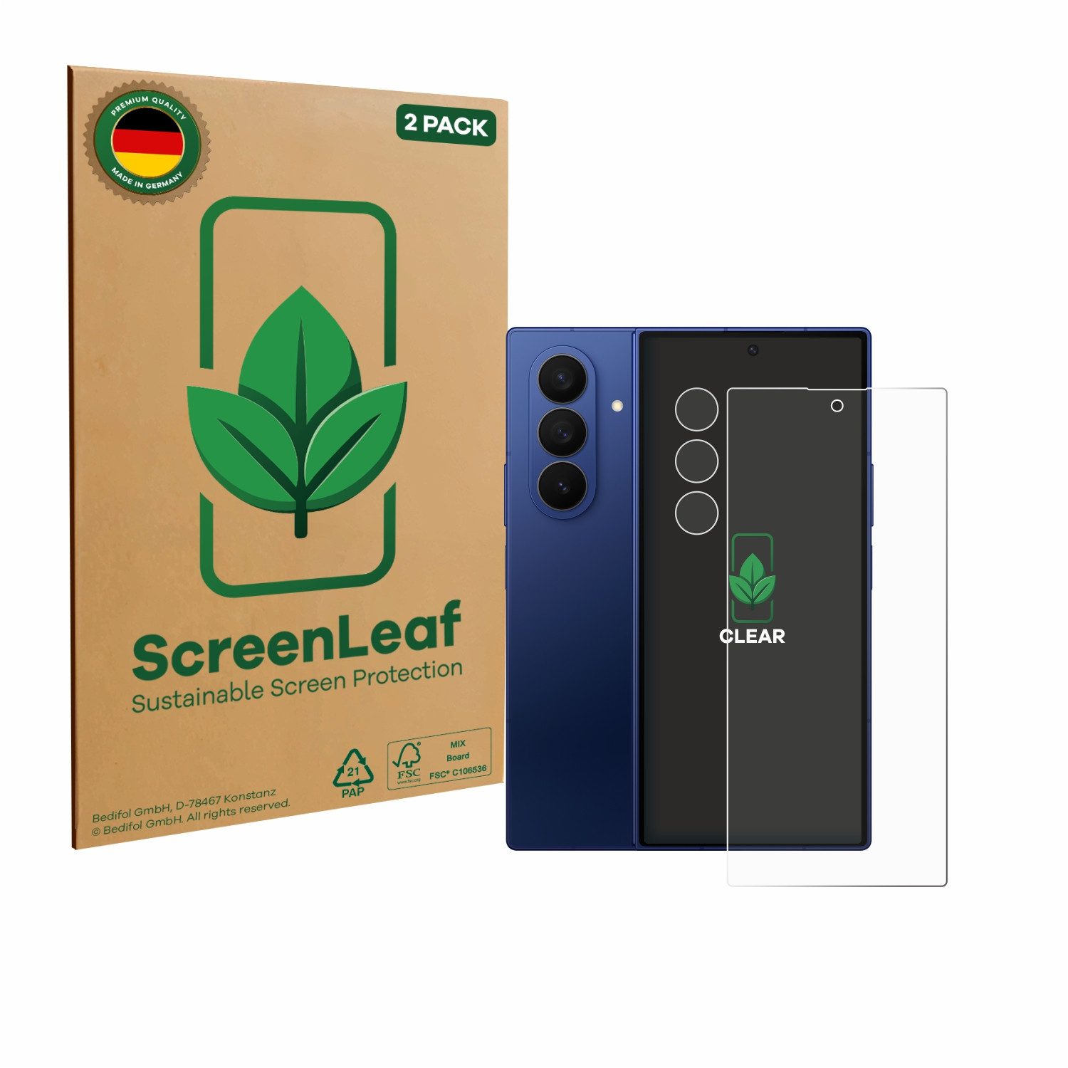 ScreenLeaf Displayschutzfolie Schutzfolie für Samsung Galaxy Z Fold 7 (Display+Kamera), 2 Stück, nachhaltiger Displayschutz Schutz Folie Klar Transparent