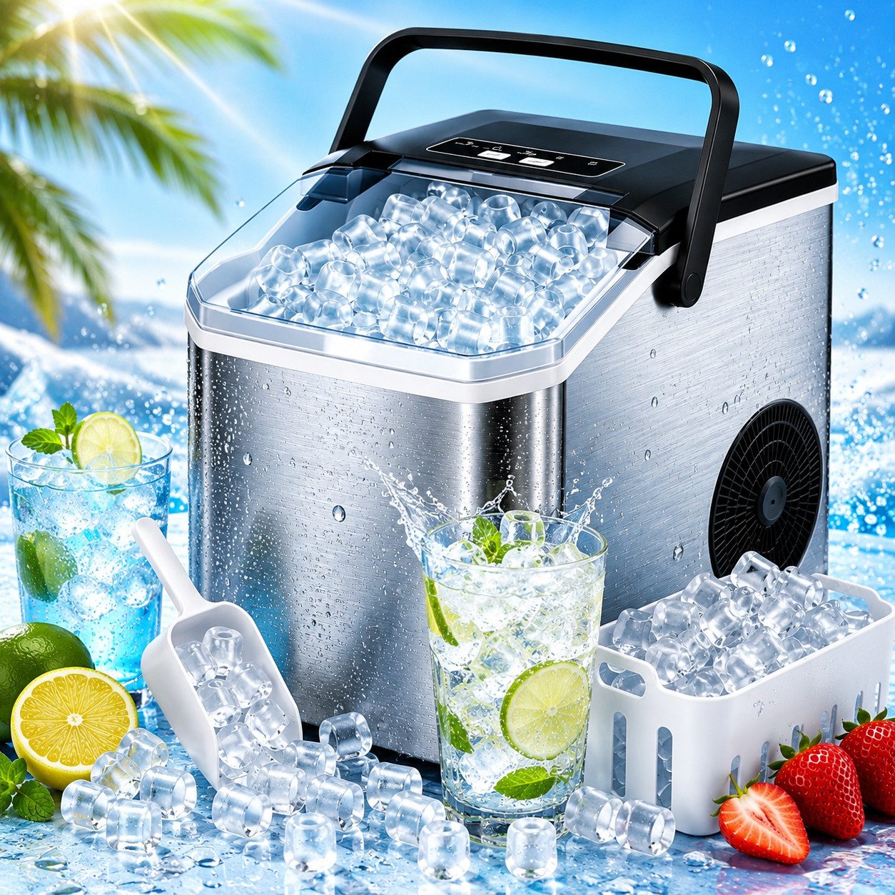 Pdgrid Eiswürfelmaschine 1.3L Edelstahl ice maker Eiswürfel in 6 Minuten geräuscharm, mit Selbstreinigung ;2 Größen/15 kg/24 H;LED-Anzeige;für Küche,Büro