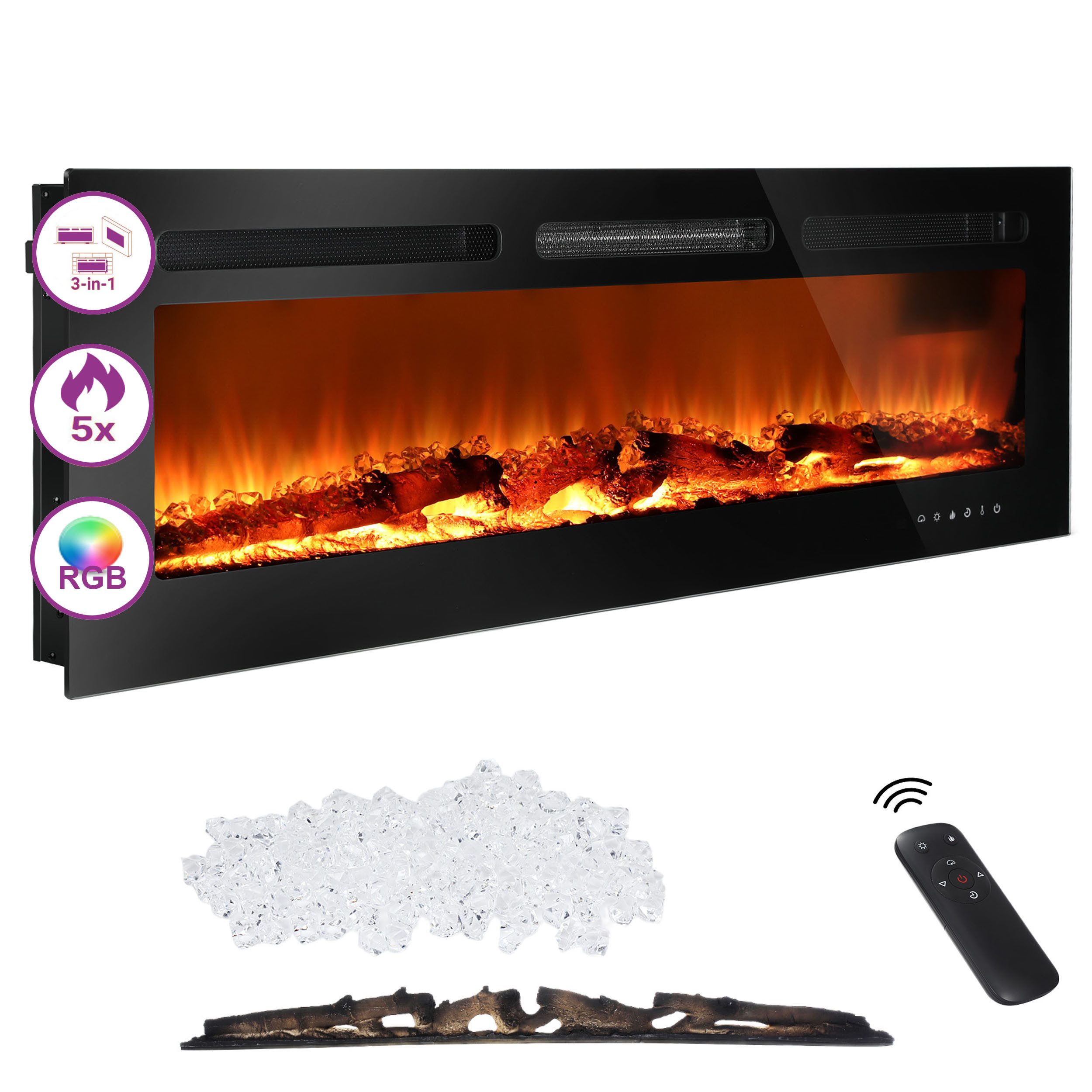 oyajia Elektrokamin 3in1 Elektrokamin: Elektrischer Stand-, Wand- und Einbaukamin, Panoramaview, mit 3D-Flammeneffekt, Fernbedienung, Timer & Thermostat