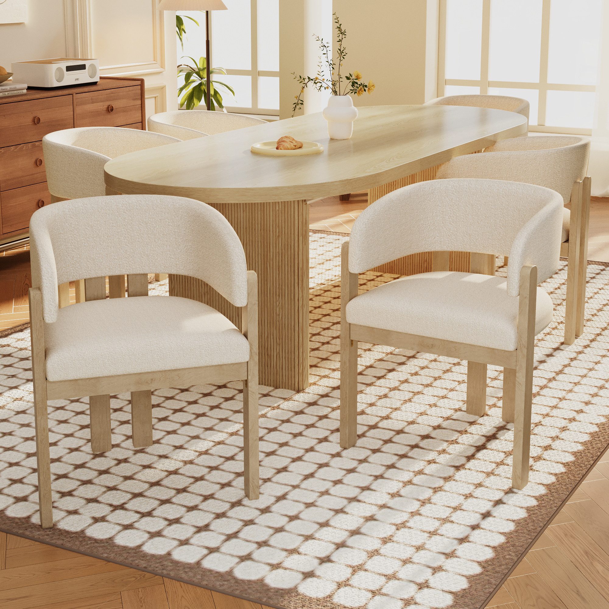 HAUSS SPOLE Küchenstuhl 6-er Set Bouclé mit Armlehnen,Wohnstuhl Esszimmerstuhl Komfort Natur (Speisezimmerstühle in moderner Stil für Esszimmer, Wohnzimmer), Essstühle mit bequeme Armlehnen