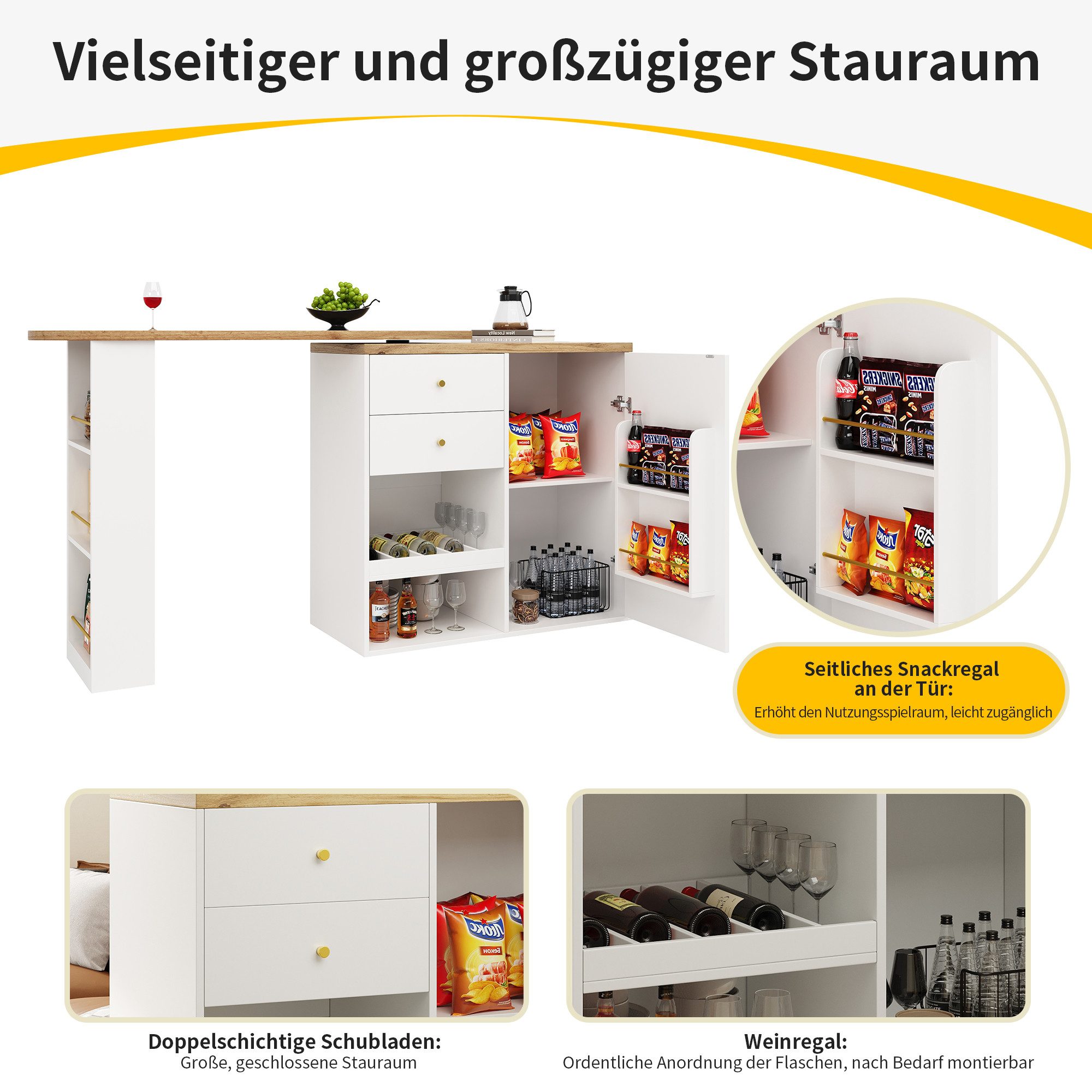 Odikalo Tresentisch 360° Drehbar Bartisch Stehschrank Kuchenschrank Schubladen Stauraum